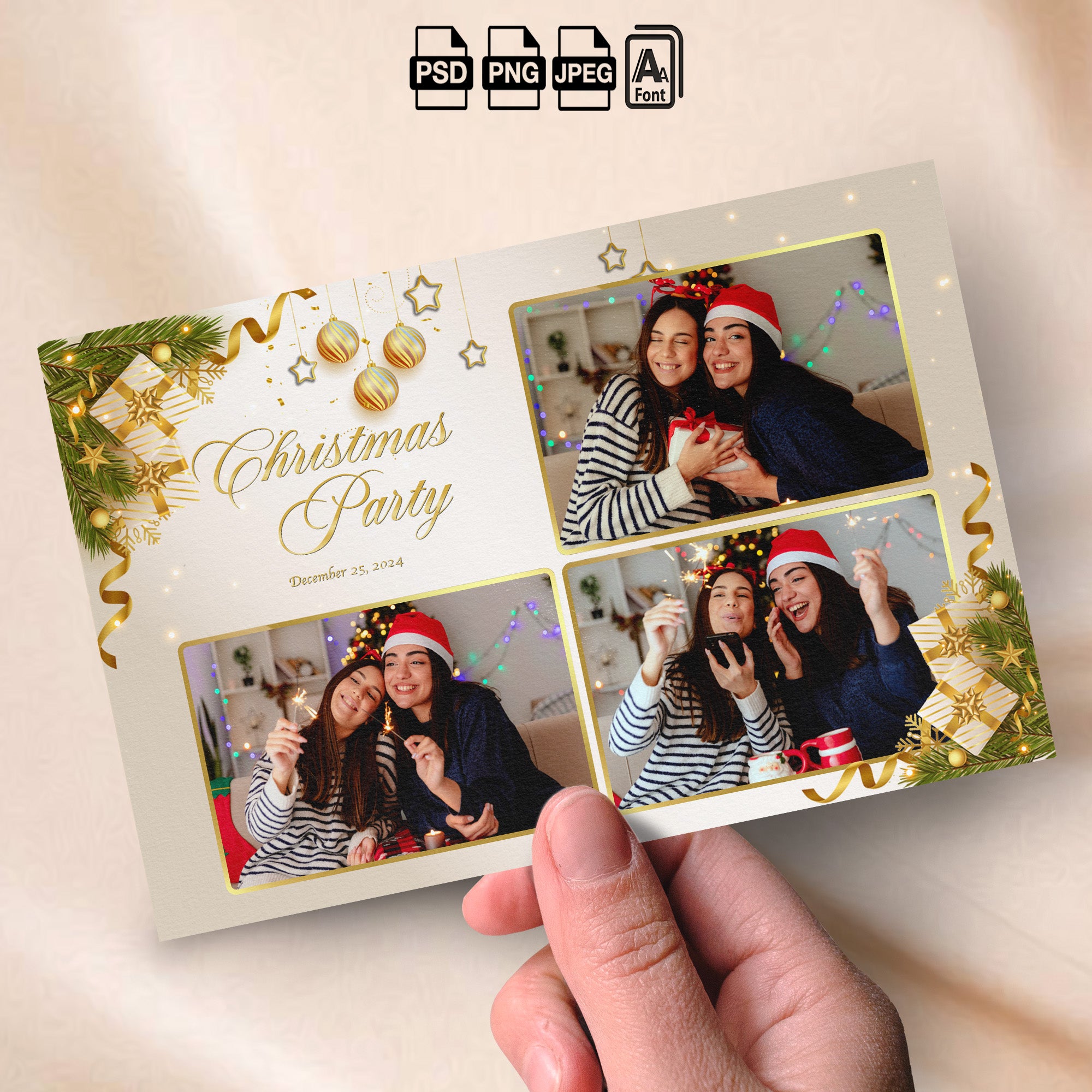 Christmas Party Photo Booth Template Bundle | Ivory &amp; Gold Design with Gift Boxes &amp; Ornaments | All 4 Layouts, Digital Download