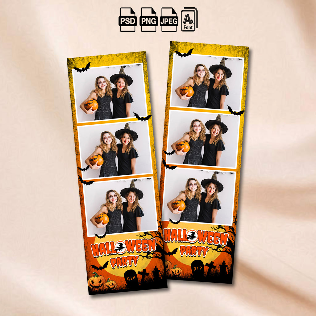 Halloween Party Photo Booth Strip Template | Spooky Orange & Black Design | Editable Photoshop Template, Instant Download