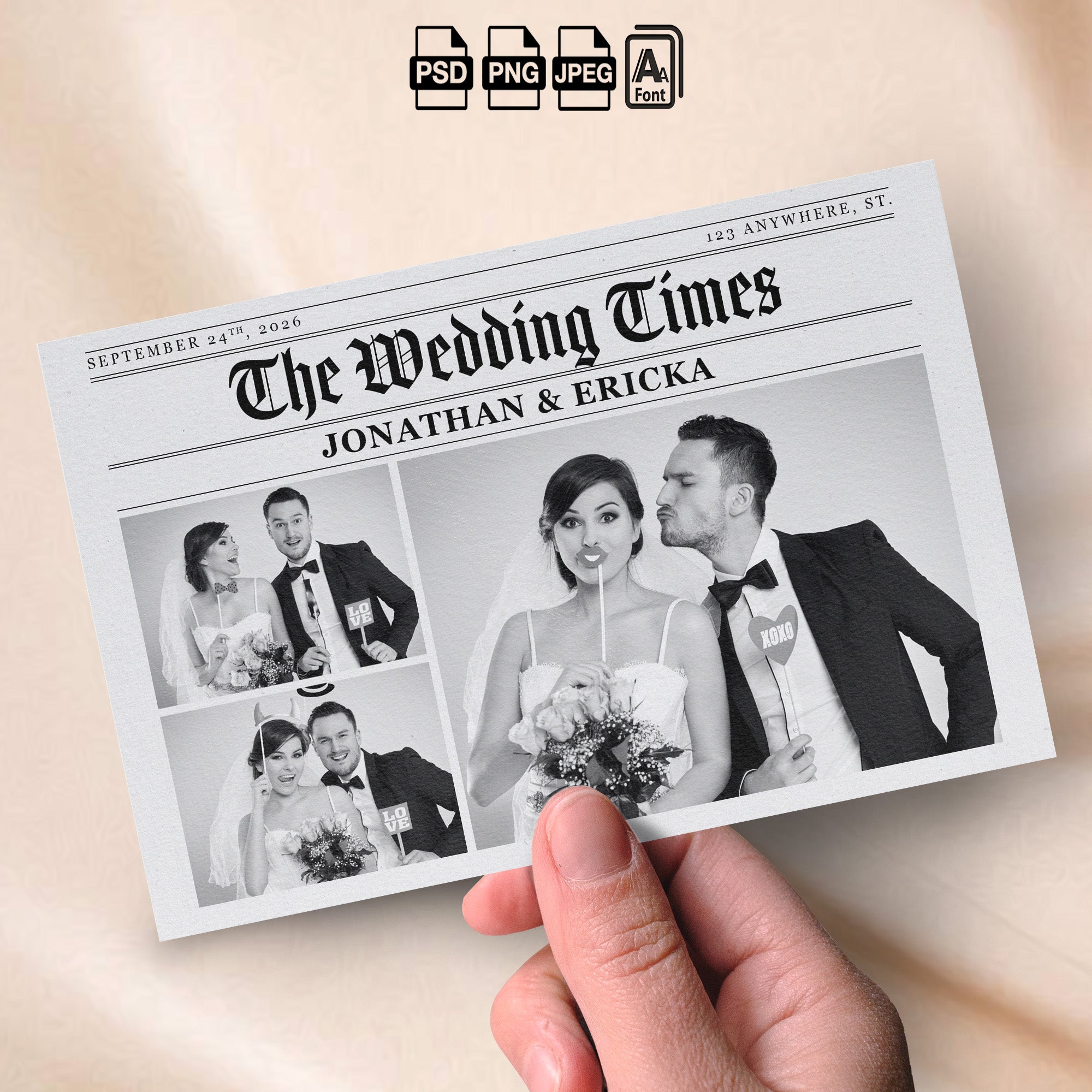 Newspaper Wedding Photo Booth Template Bundle | Black & White Vintage Design | Multiple Layouts, Editable Photoshop Templates, Instant Download