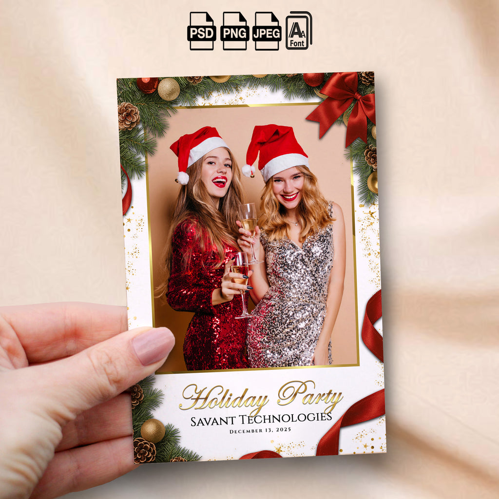 Christmas Holiday Party Photo Booth Template Bundle | White &amp; Gold Design with Garland, Pinecones &amp; Red Bows | Multiple Layouts, Editable Photobooth Templates, Instant Download