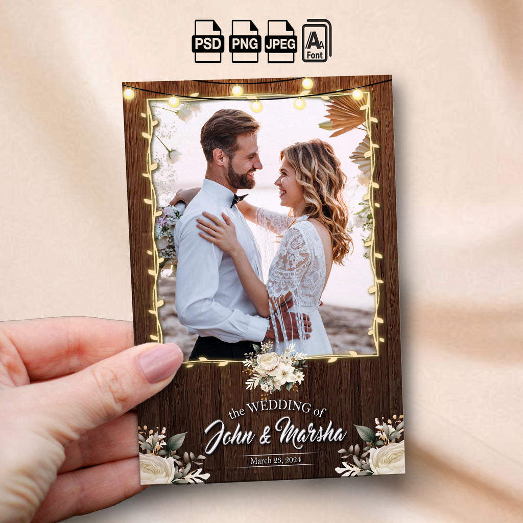Rustic Wedding Photo Booth Template Bundle | Wood Background with String Lights & Florals | Multiple Layouts, Editable Photoshop Templates, Instant Download