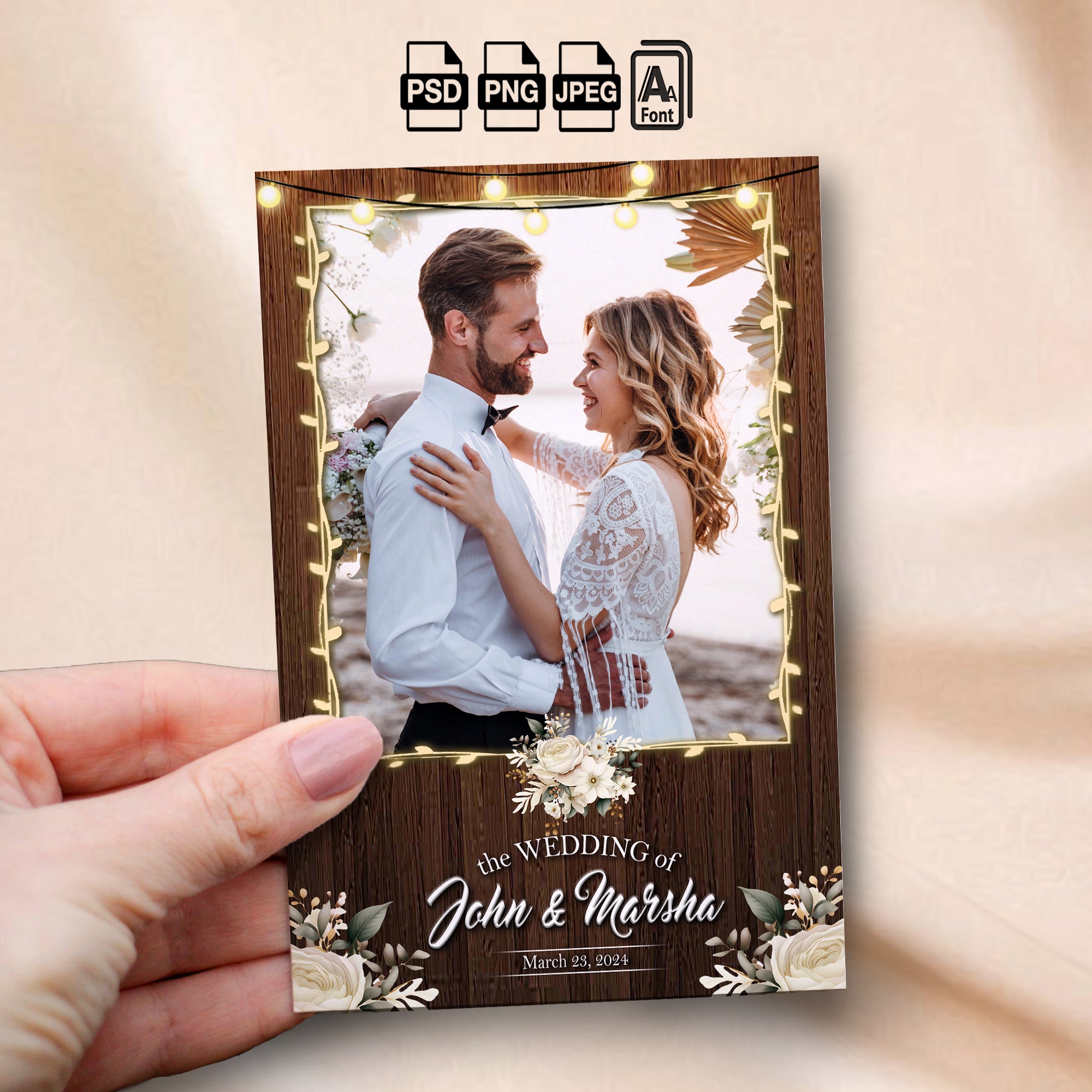 Rustic Wedding Photo Booth Template Bundle | Wood Background with String Lights & Florals | Multiple Layouts, Editable Photoshop Templates, Instant Download