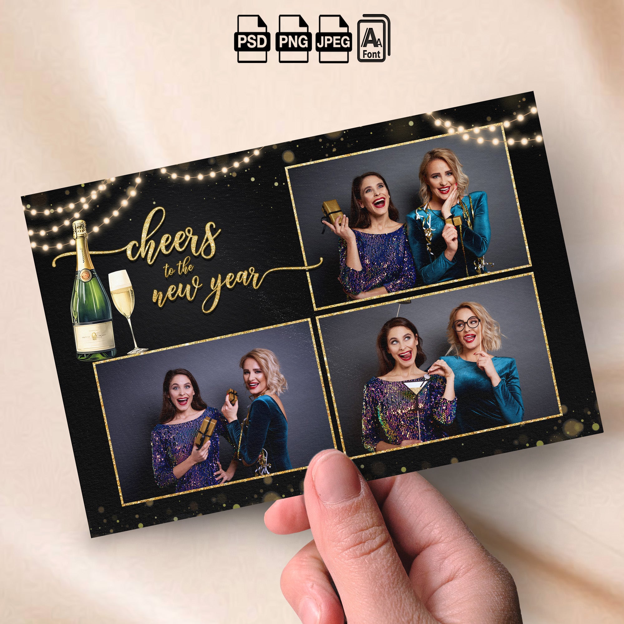 Cheers to the New Year Photo Booth Template Bundle | Black & Gold Design with String Lights | All 4 Layouts, Editable Photoshop Templates, Instant Download