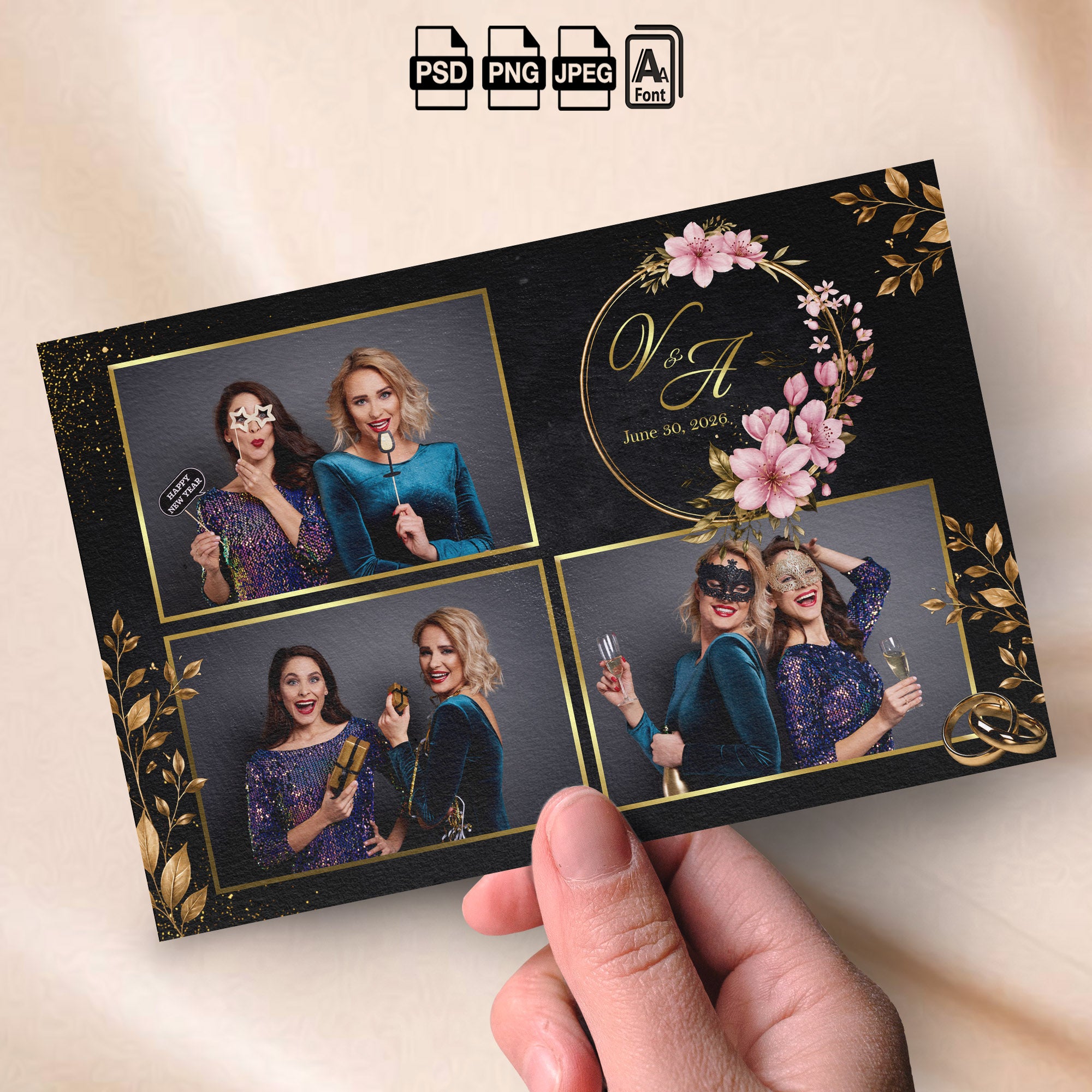 Black & Gold Floral Wedding Photo Booth Template Bundle | Gold Leaf & Pink Floral Wreath Design | All 4 Layouts, Editable Photoshop Templates, Instant Download
