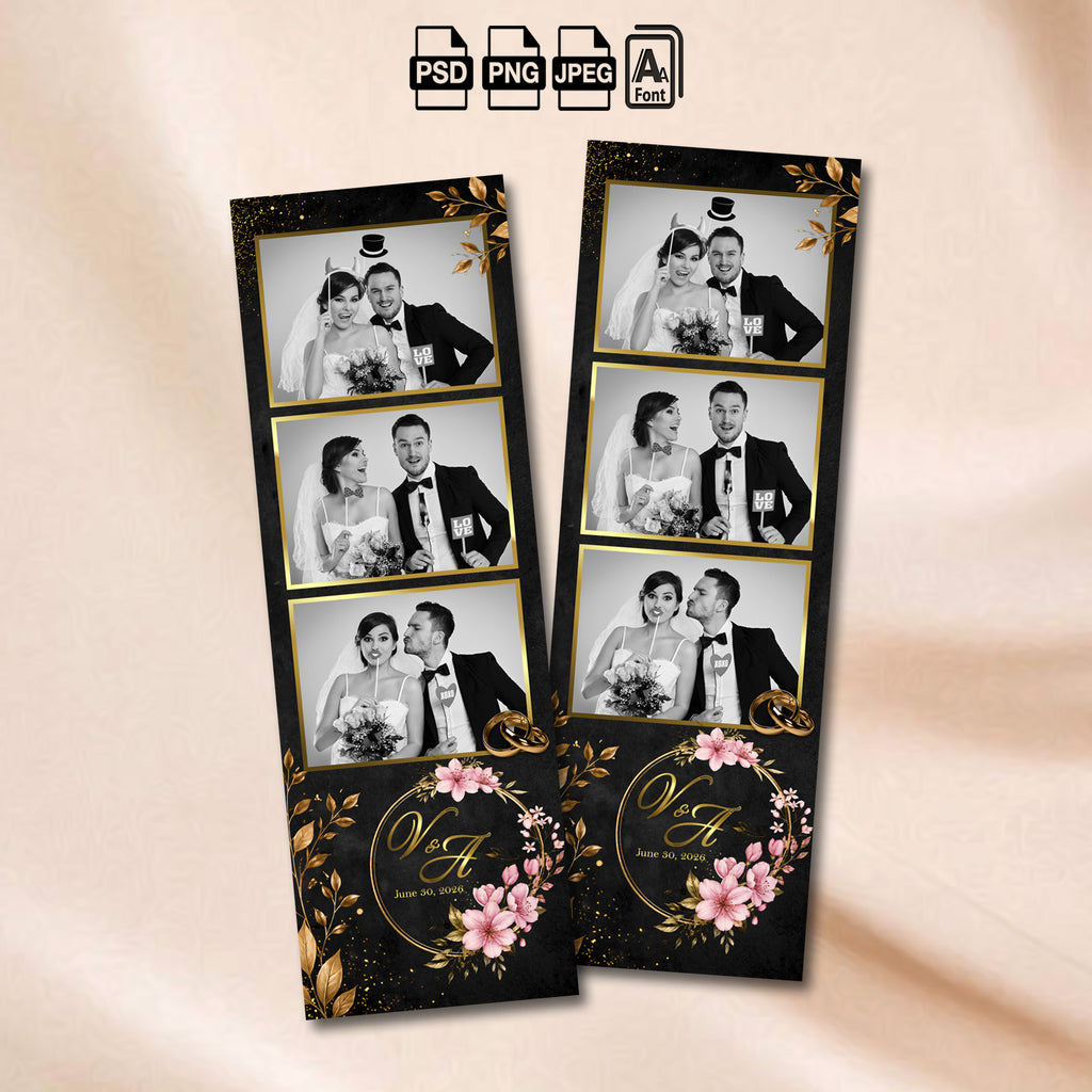 Black & Gold Floral Wedding Photo Booth Template Bundle | Gold Leaf & Pink Floral Wreath Design | All 4 Layouts, Editable Photoshop Templates, Instant Download