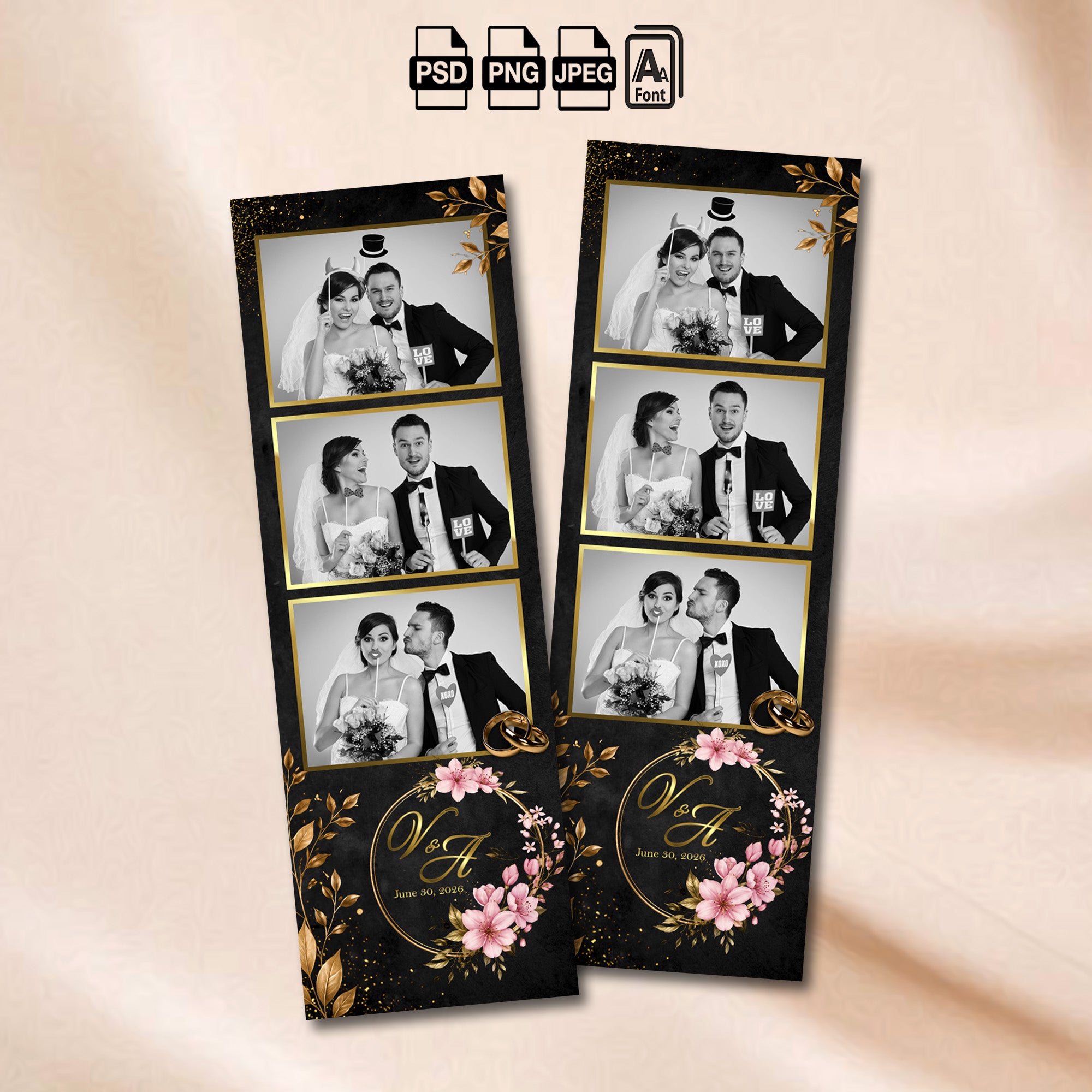 Black & Gold Floral Wedding Photo Booth Template Bundle | Gold Leaf & Pink Floral Wreath Design | All 4 Layouts, Editable Photoshop Templates, Instant Download
