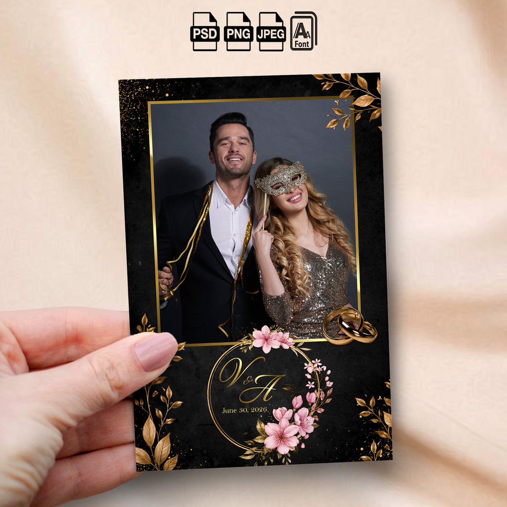 Black & Gold Floral Wedding Photo Booth Template Bundle | Gold Leaf & Pink Floral Wreath Design | All 4 Layouts, Editable Photoshop Templates, Instant Download