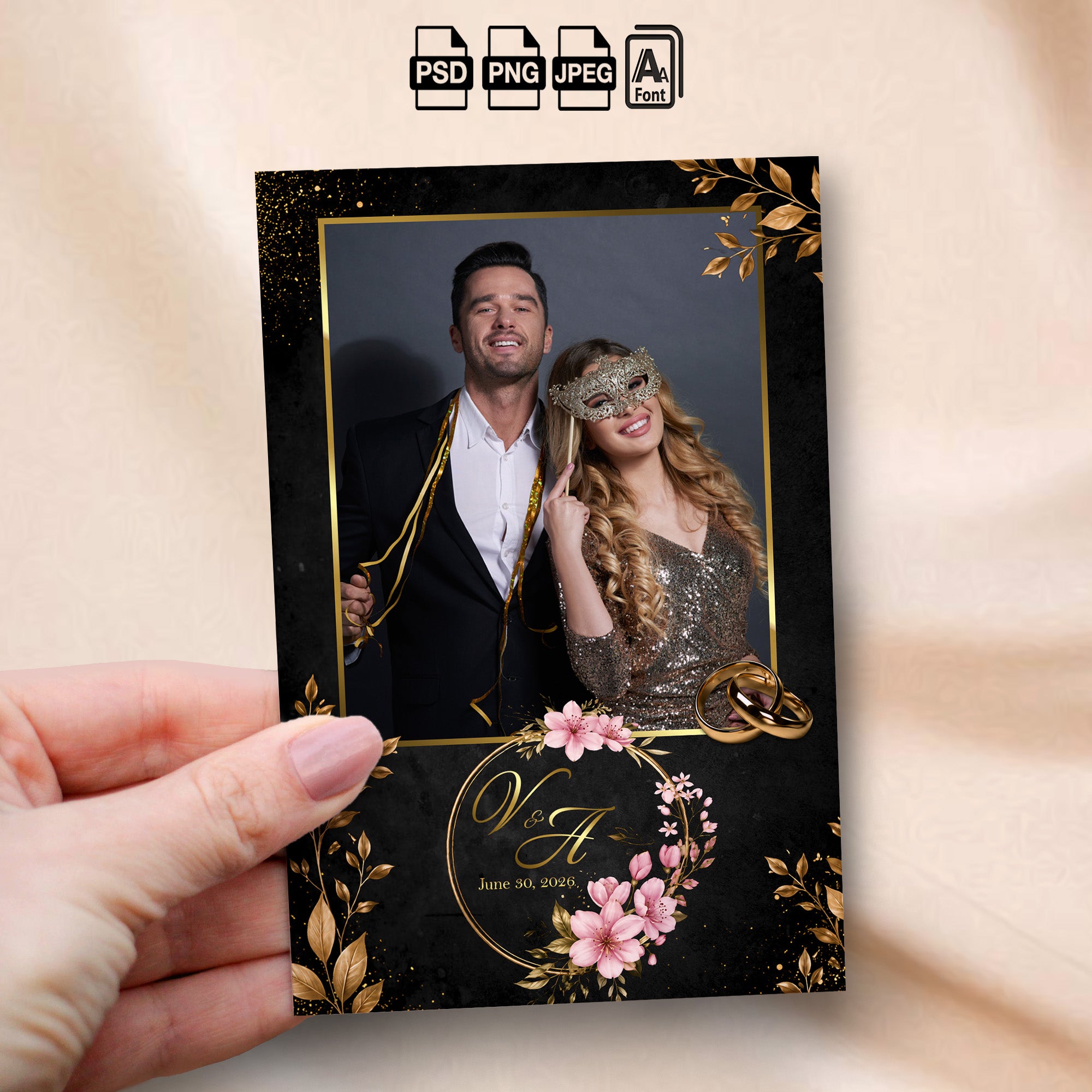 Black & Gold Floral Wedding Photo Booth Template Bundle | Gold Leaf & Pink Floral Wreath Design | All 4 Layouts, Editable Photoshop Templates, Instant Download