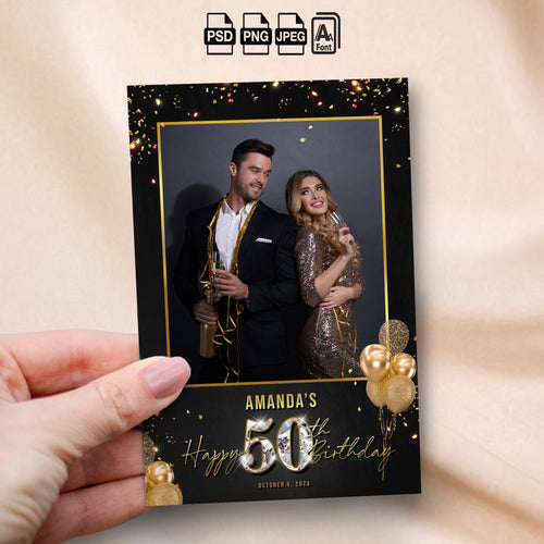 50th Birthday Photo Booth Template | Single Photo Portrait Layout | Black & Gold Diamond Design, Editable Photoshop Template
