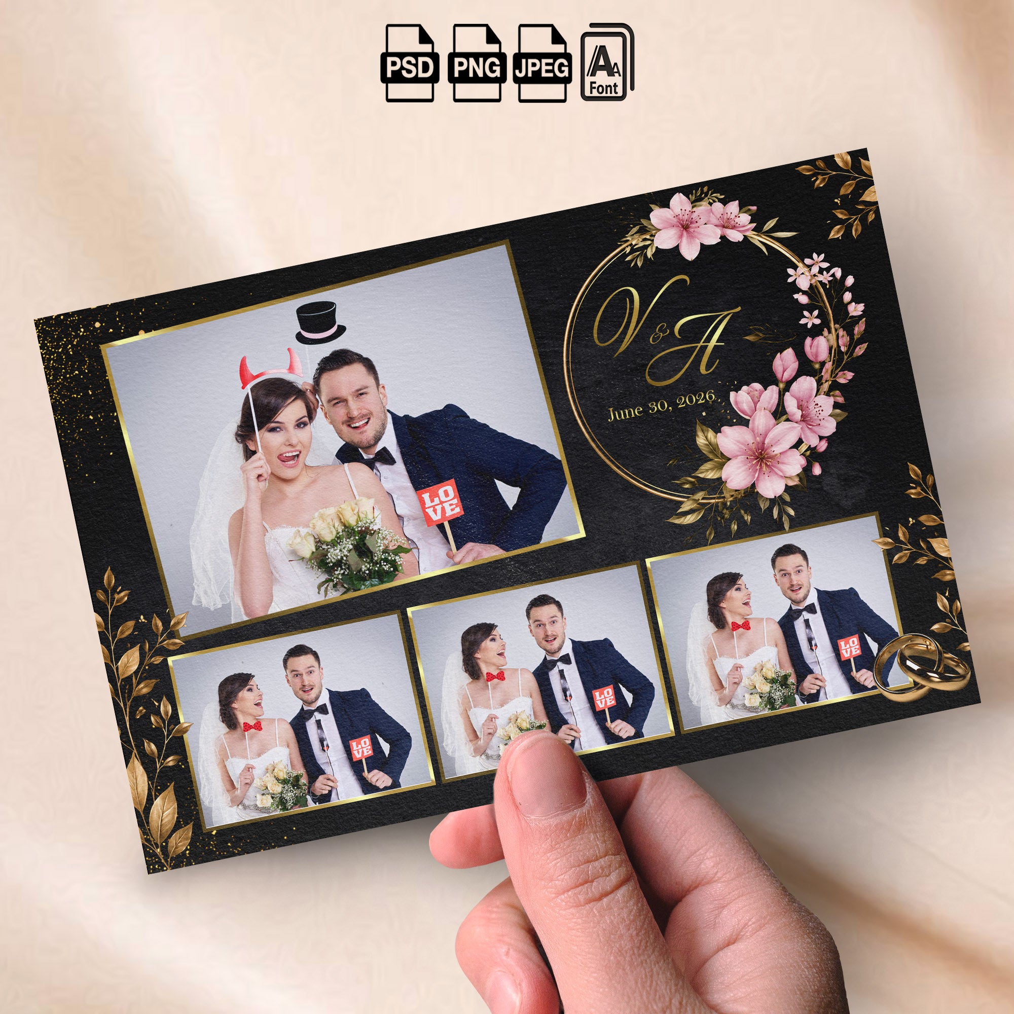 Black & Gold Floral Wedding Photo Booth Template Bundle | Gold Leaf & Pink Floral Wreath Design | All 4 Layouts, Editable Photoshop Templates, Instant Download