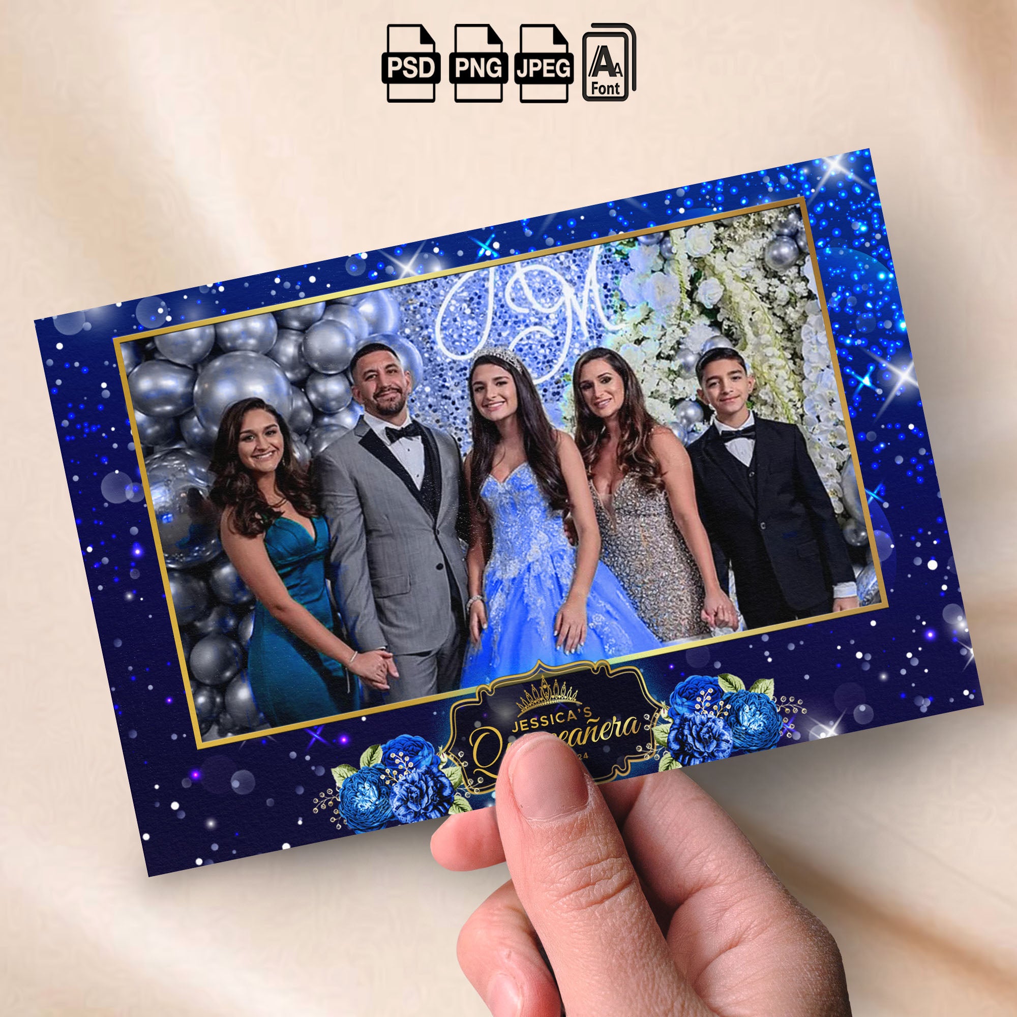 Royal Blue Quinceañera Photo Booth Template Bundle | Royal Blue Sparkle with Gold Crown Badge | All 5 Layouts, Editable Photoshop Templates, Instant Download