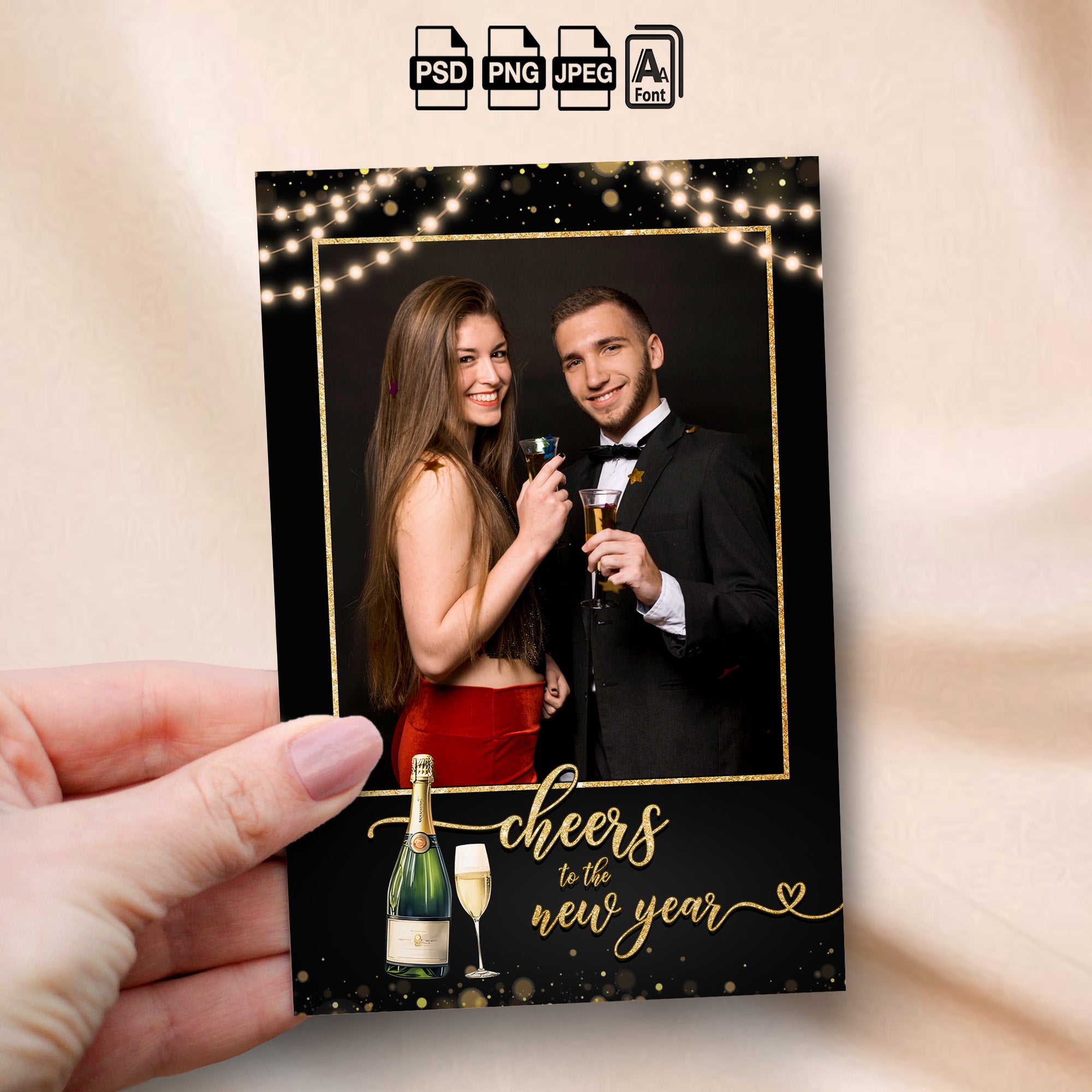Cheers to the New Year Photo Booth Template Bundle | Black & Gold Design with String Lights | All 4 Layouts, Editable Photoshop Templates, Instant Download