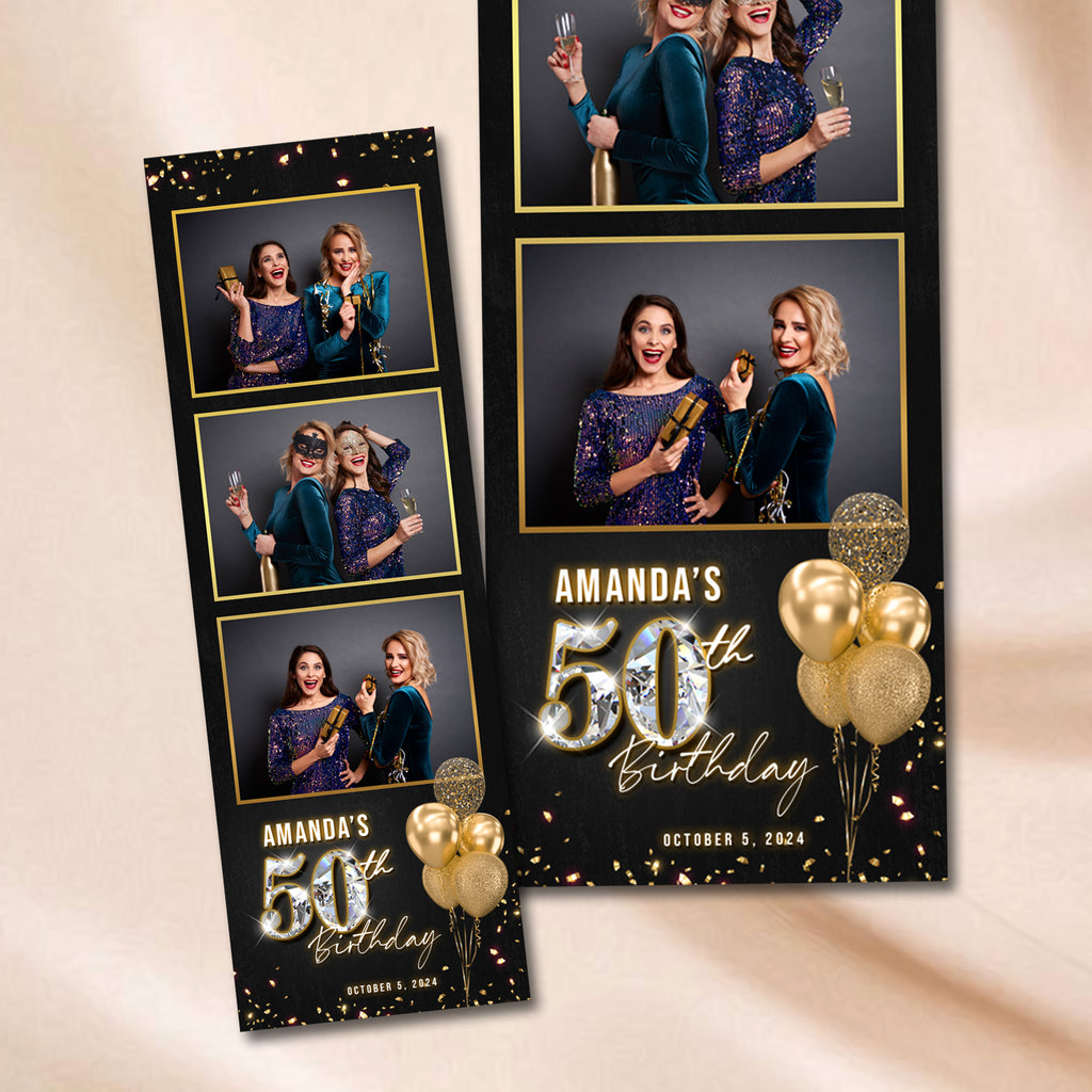 50th Birthday Photo Booth Template | Black & Gold Diamond Design | Editable Photoshop Template, Instant Download