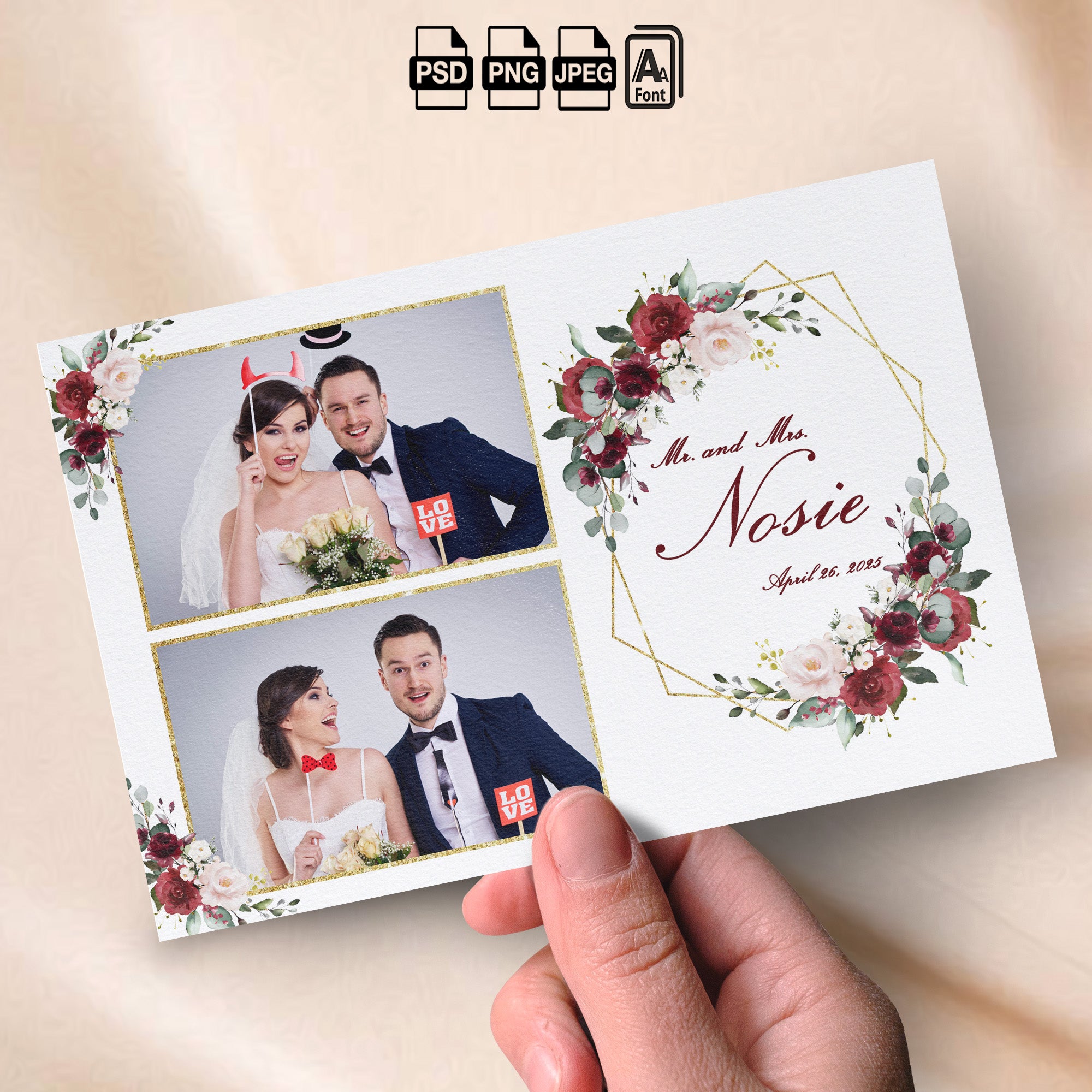Burgundy Floral Wedding Photo Booth Template | 2-Photo Layout | Editable Photoshop Template, Instant Download