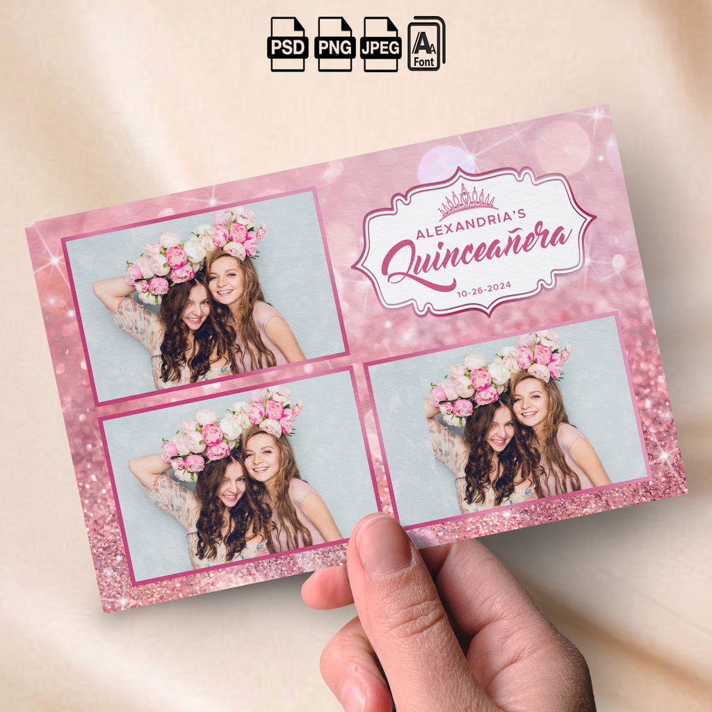 Pink & Rose Gold Quinceañera Photo Booth Template Bundle | Pink Glitter with Floral Crown Badge | All 5 Layouts, Editable Photoshop Templates, Instant Download
