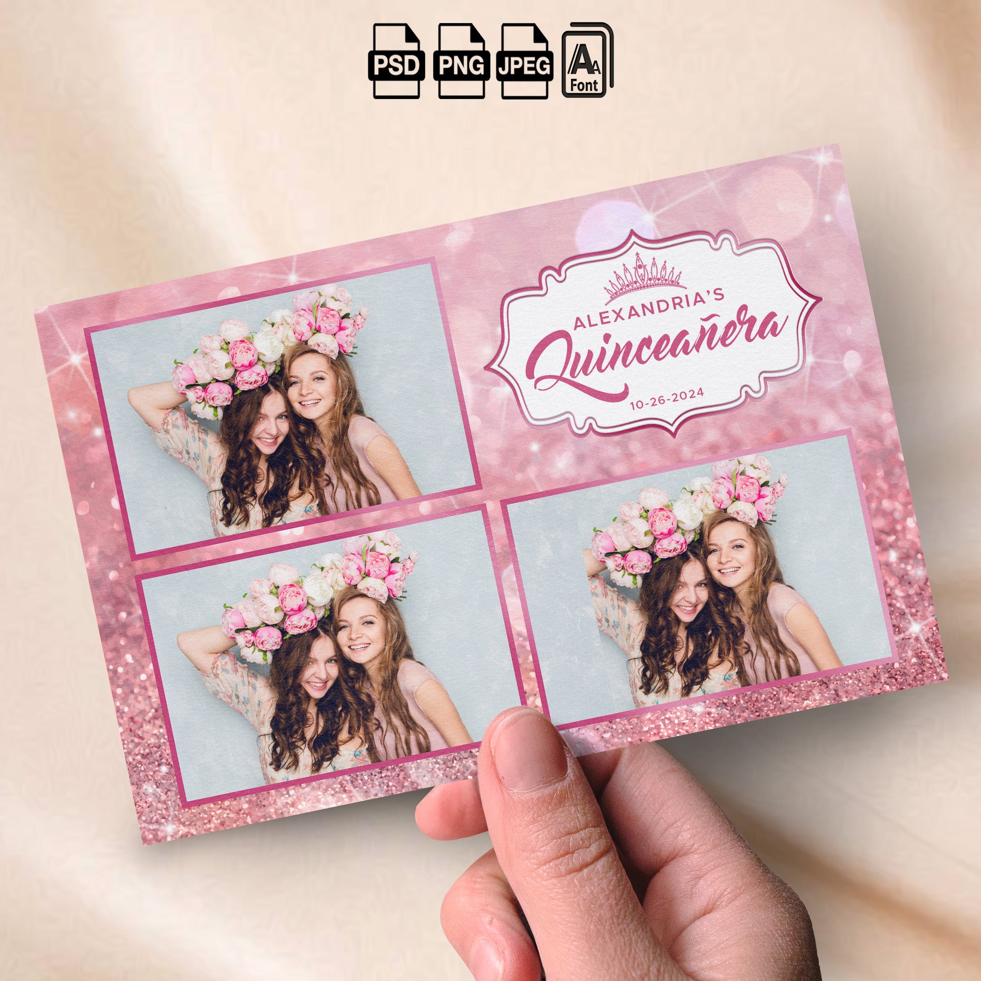 Pink & Rose Gold Quinceañera Photo Booth Template Bundle | Pink Glitter with Floral Crown Badge | All 5 Layouts, Editable Photoshop Templates, Instant Download