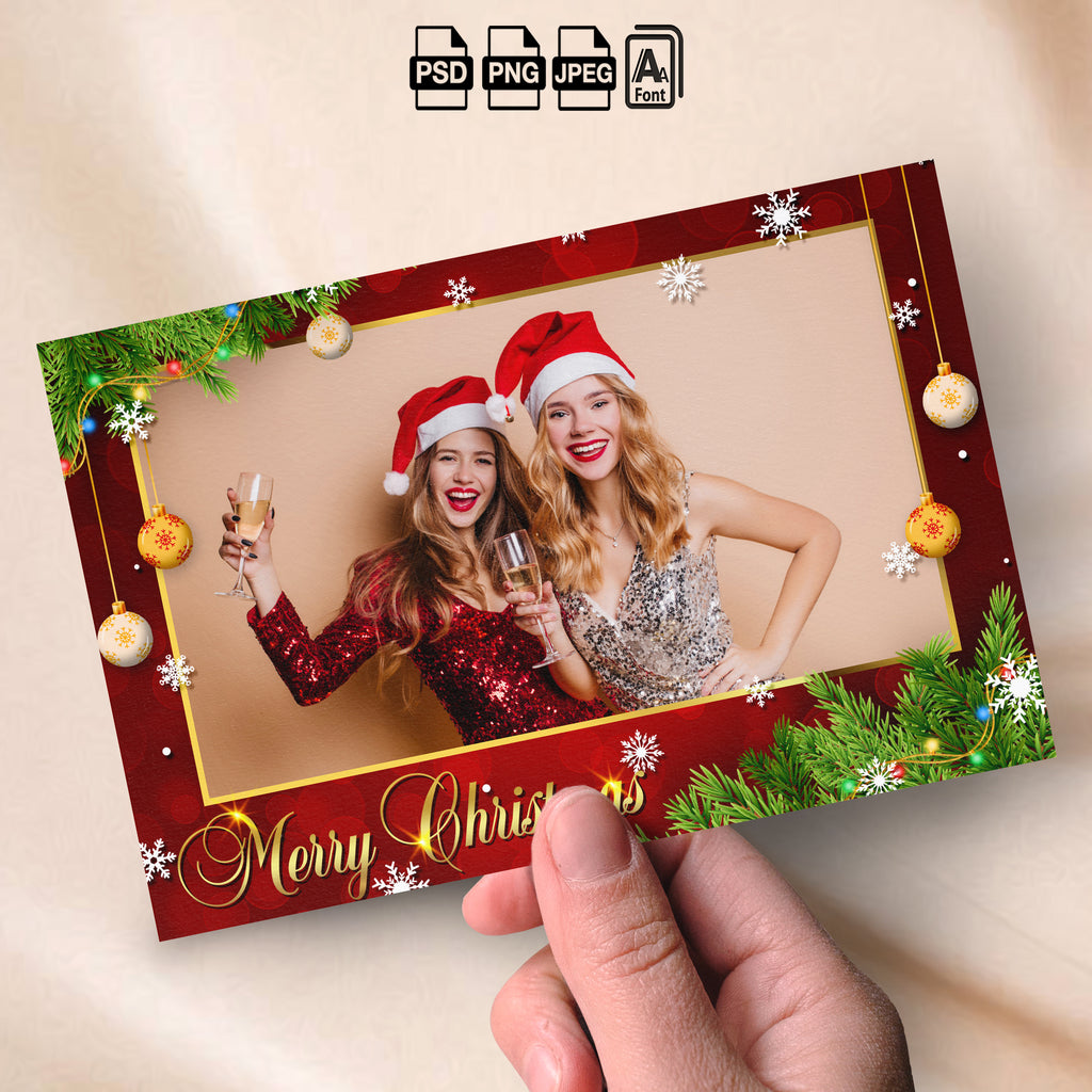 Merry Christmas Photo Booth Template | Landscape Layout | Red &amp; Gold Design with Ornaments &amp; String Lights, 4x6 Photobooth Template