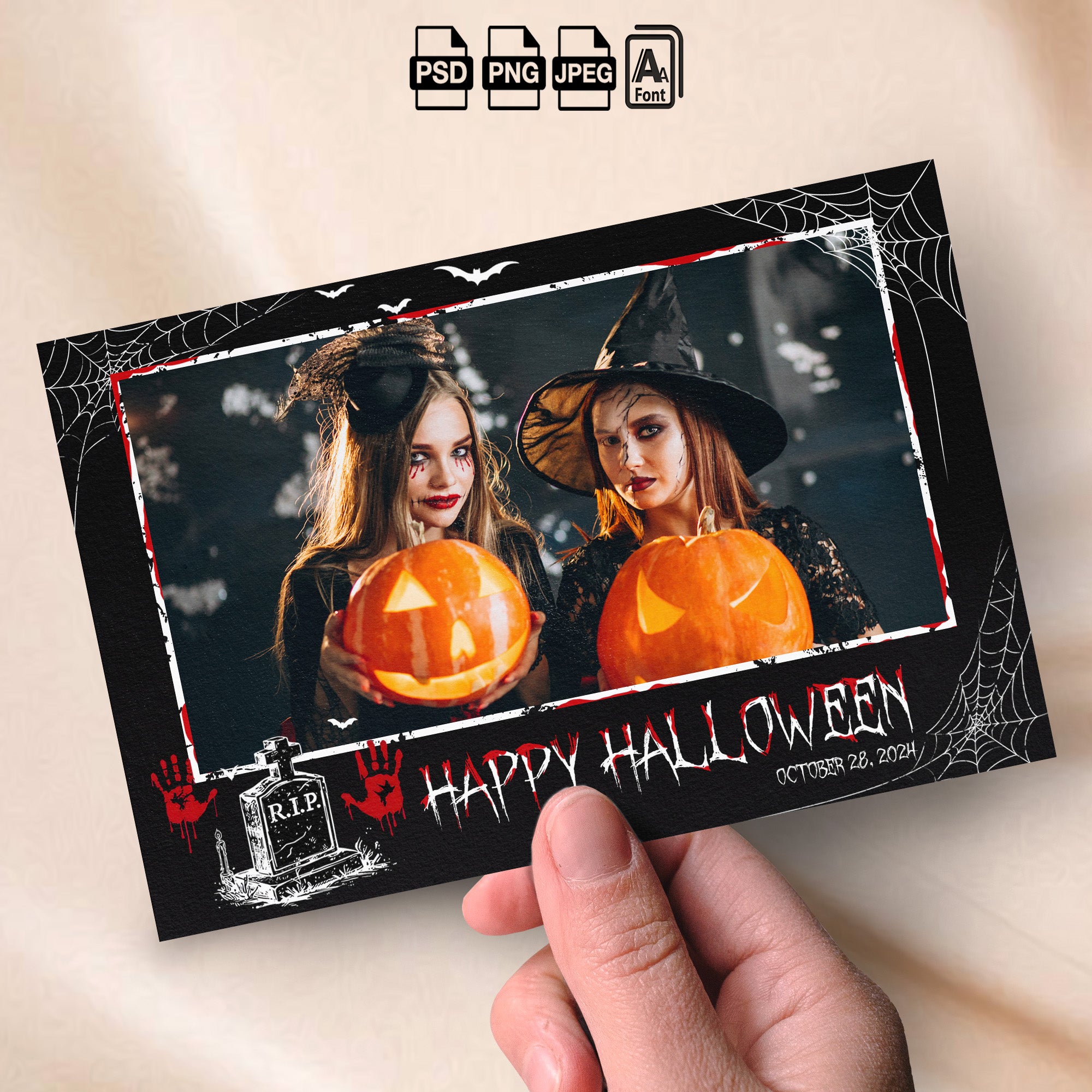 Halloween Party Photo Booth Template Bundle | Spooky Gothic Design with Bloody Handprints | Multiple Layouts, Editable Photobooth Templates, Instant Download