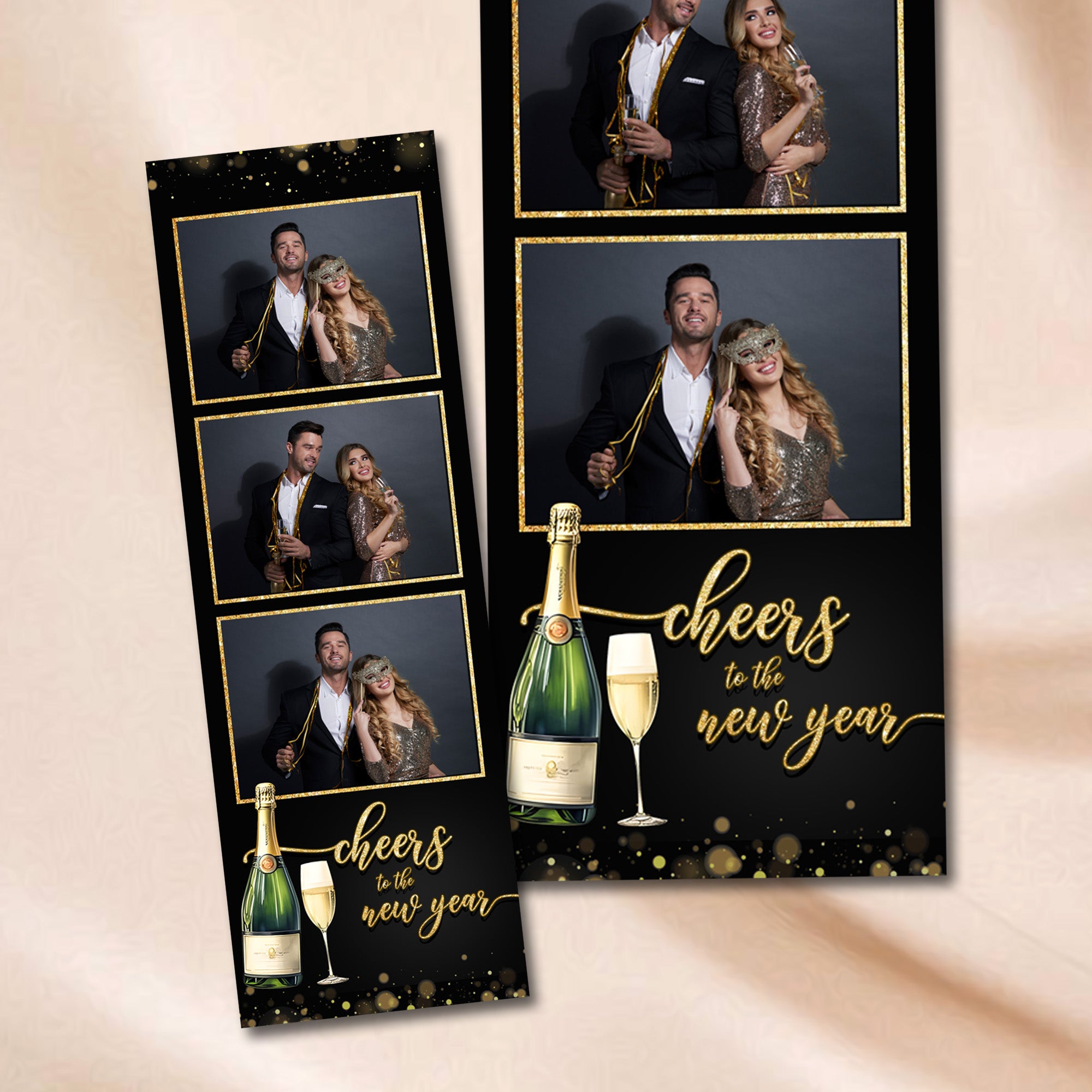 Cheers to the New Year Photo Booth Strip Template | 3-Photo 2x6 Layout | Black & Gold Design with String Lights, Editable Photoshop Template, Instant Download