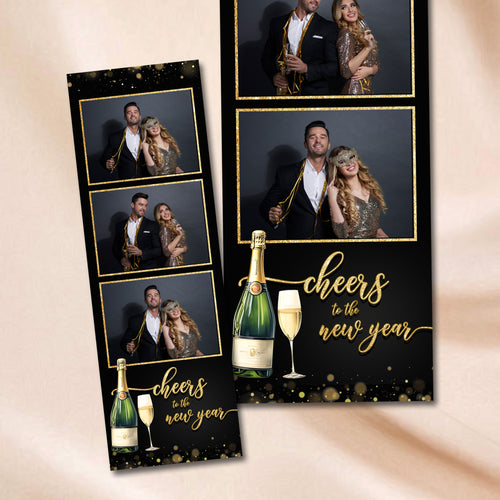 Cheers to the New Year Photo Booth Strip Template | 3-Photo 2x6 Layout | Black & Gold Design with String Lights, Editable Photoshop Template, Instant Download