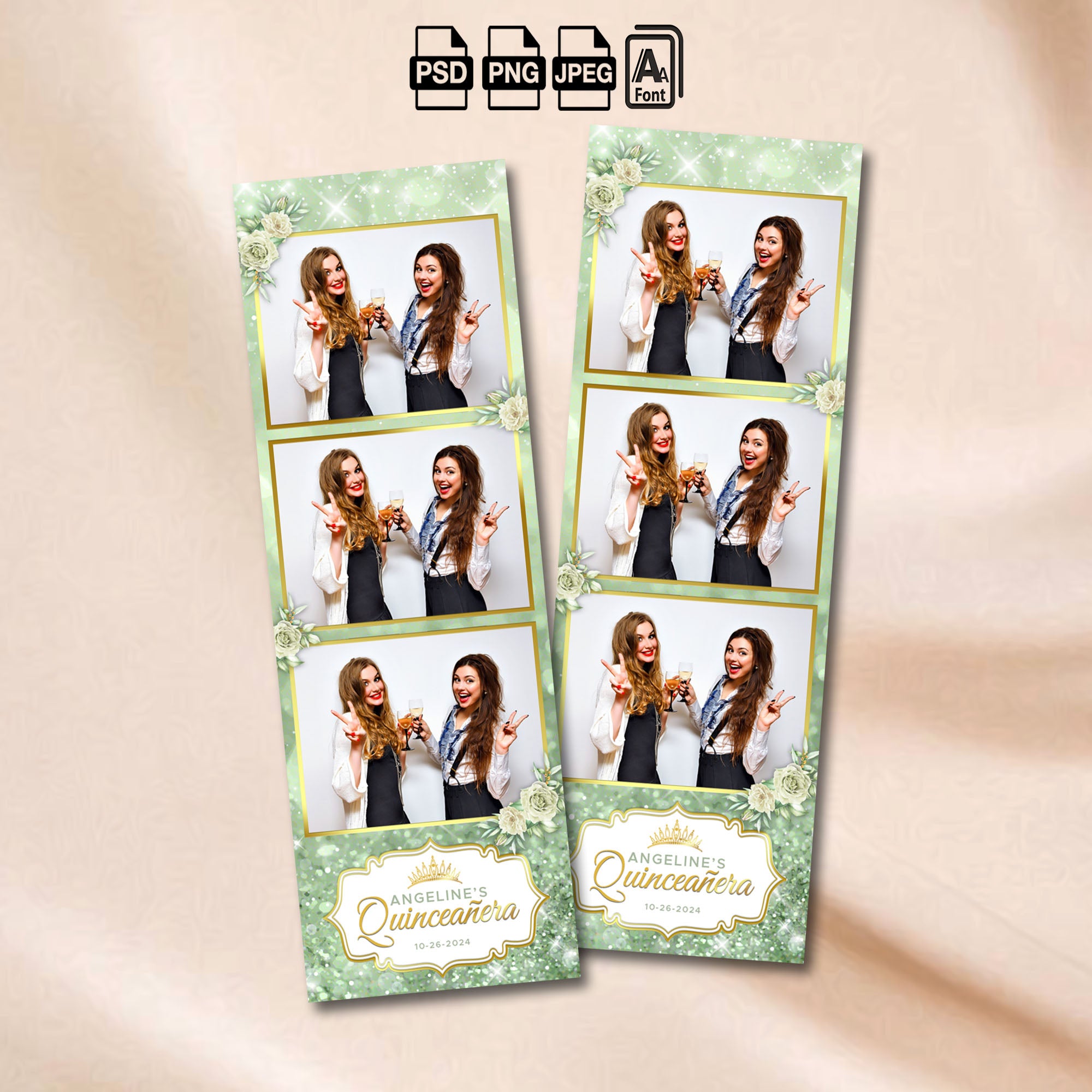 Quinceañera Photo Booth Strip Template | Sage Green & Gold Floral with Crown Badge | Editable Photoshop Template, Instant Download