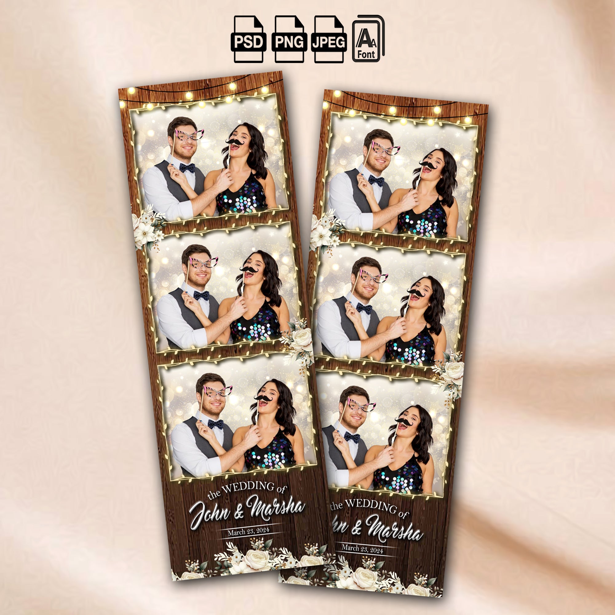 Rustic Wedding Photo Booth Strip Template | Wood Background with String Lights & Florals | Editable Photoshop Template, Instant Download