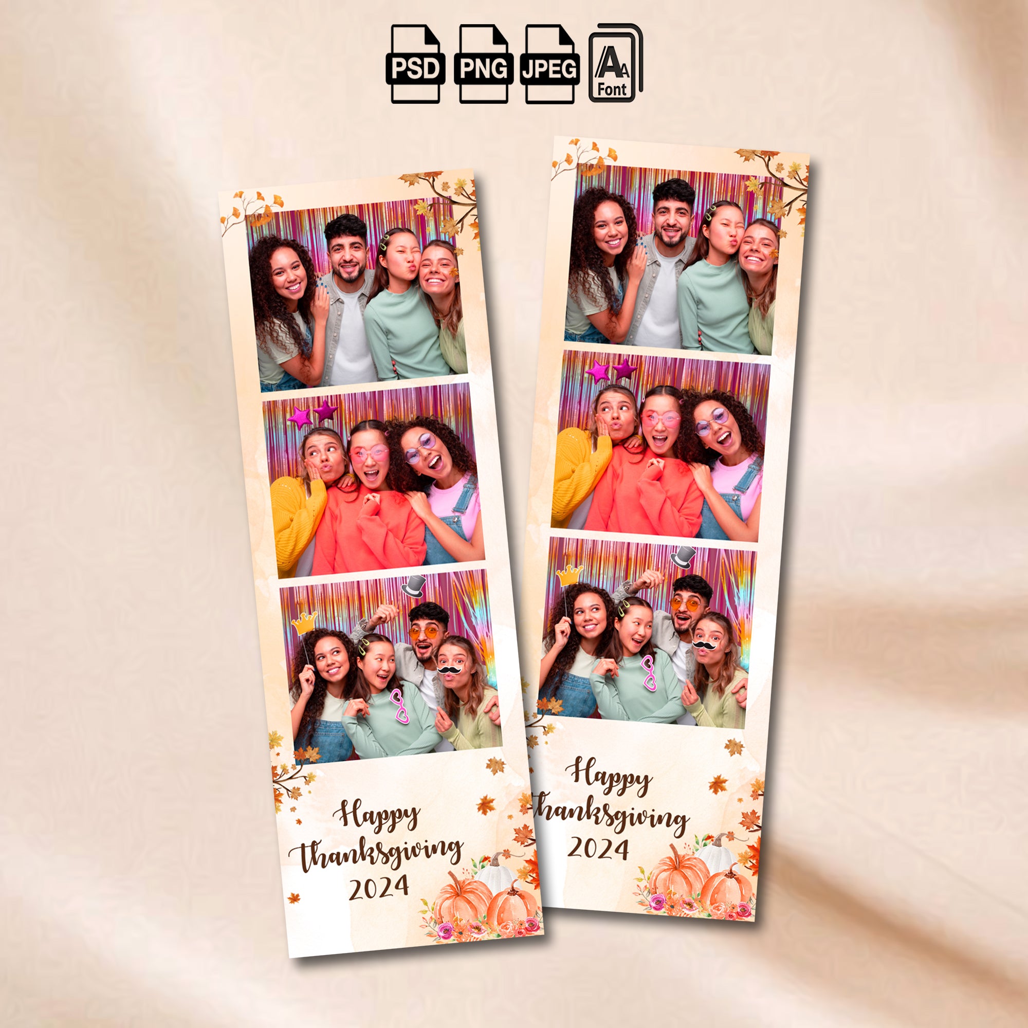 Thanksgiving Dinner Party Photo Booth Template Bundle | Watercolor Maple Leaves &amp; Pumpkins | Multiple Layouts, Editable Photobooth Templates, Instant Download