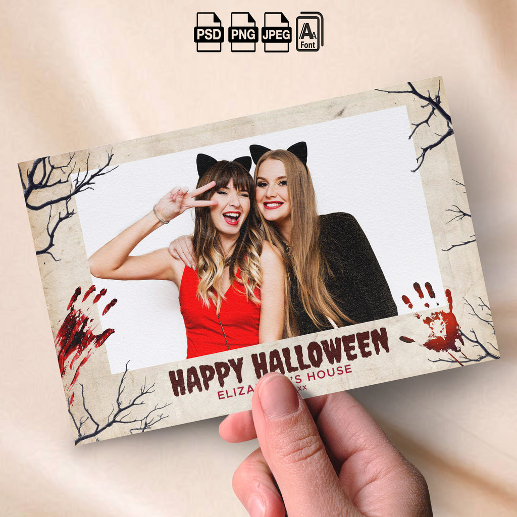 Vintage Parchment Halloween Photo Booth Template Bundle | Bloody Handprints & Bare Tree Silhouette Design | All 4 Layouts, Editable Photoshop Templates, Instant Download