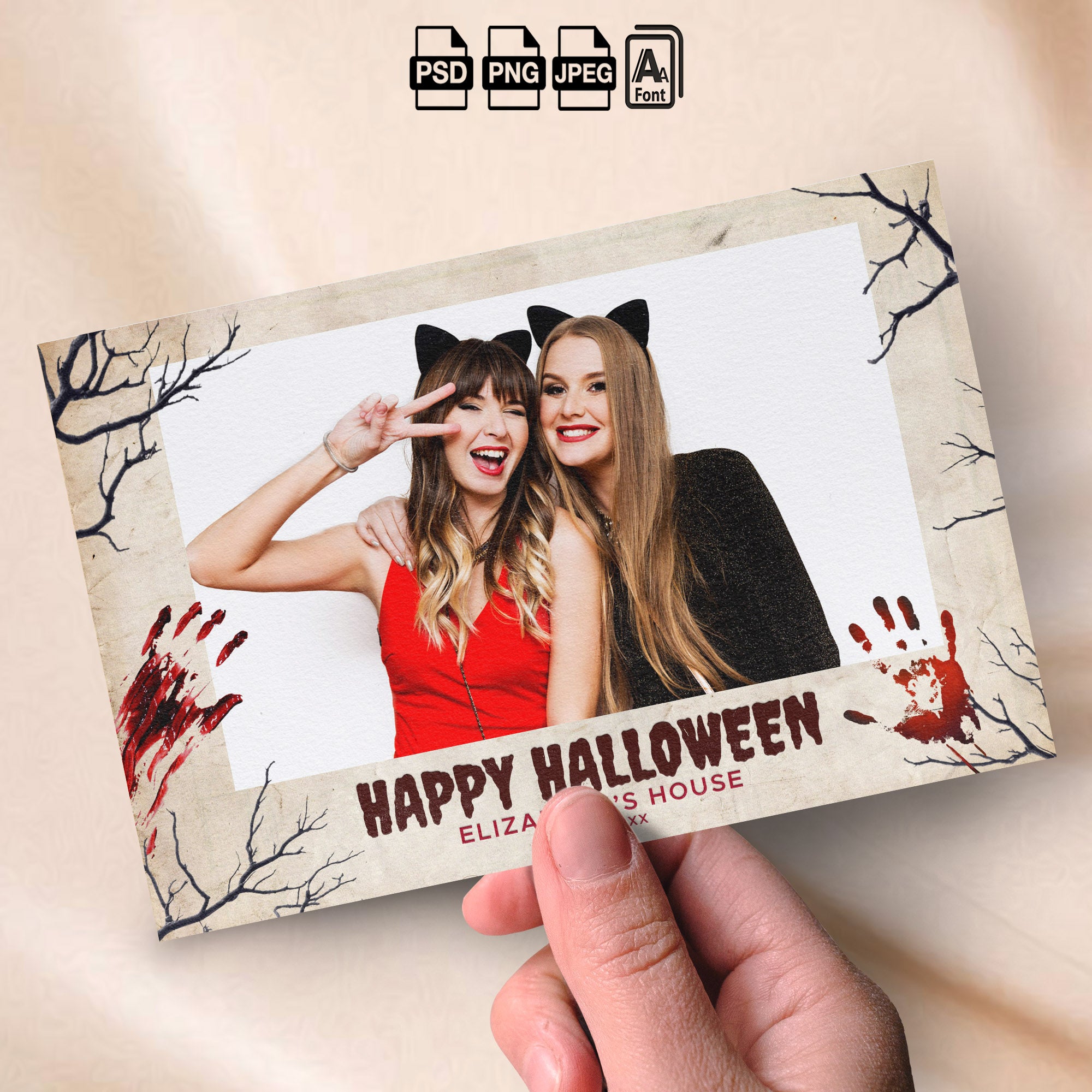 Vintage Parchment Halloween Photo Booth Template Bundle | Bloody Handprints & Bare Tree Silhouette Design | All 4 Layouts, Editable Photoshop Templates, Instant Download