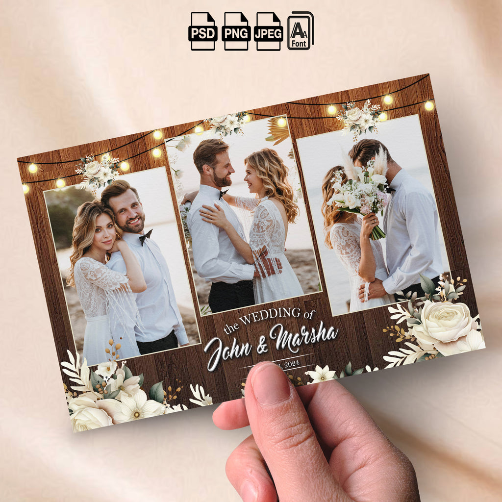 Rustic Wedding Photo Booth Collage Template | 3-Photo Landscape Layout | Editable Photoshop Template, Instant Download