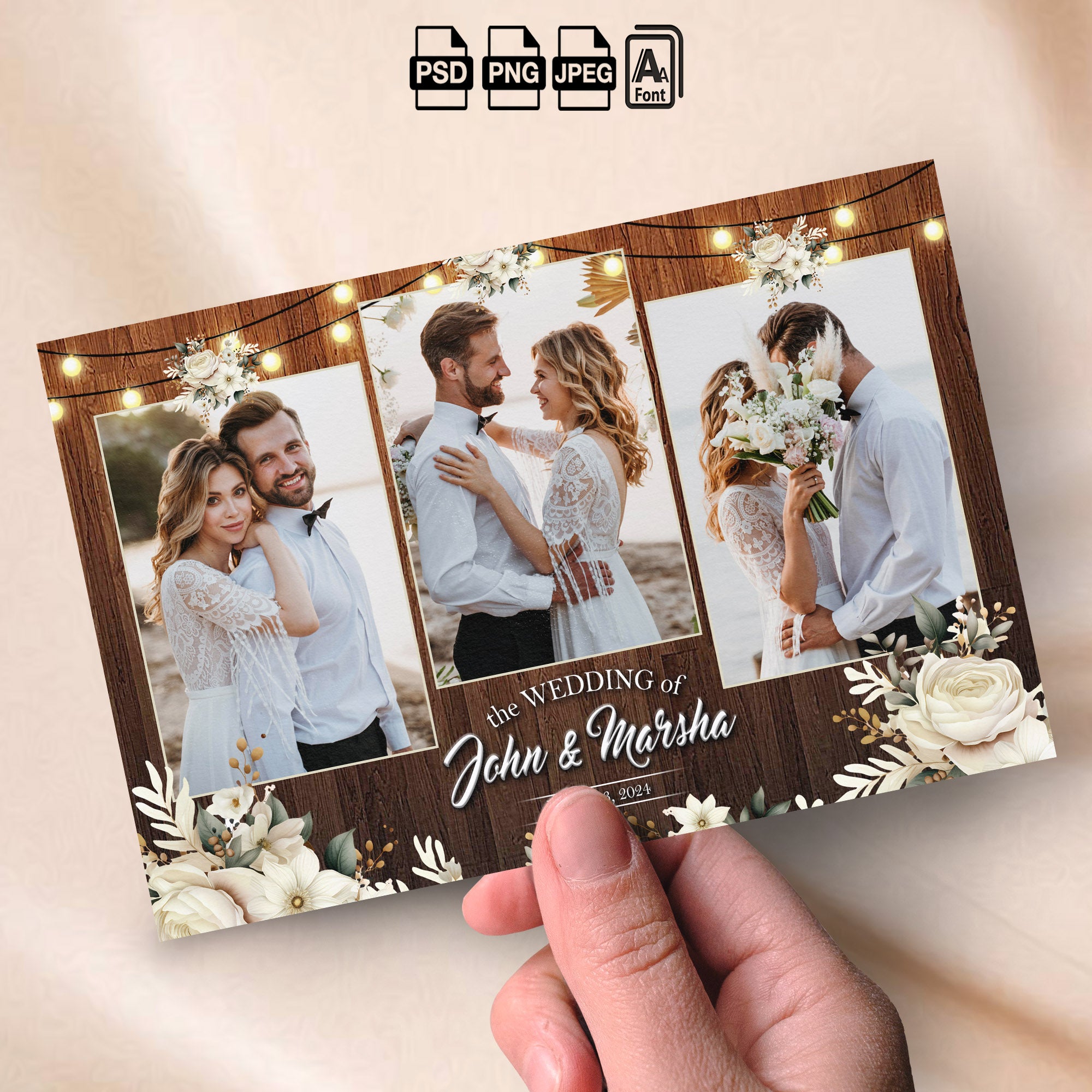 Rustic Wedding Photo Booth Collage Template | 3-Photo Landscape Layout | Editable Photoshop Template, Instant Download