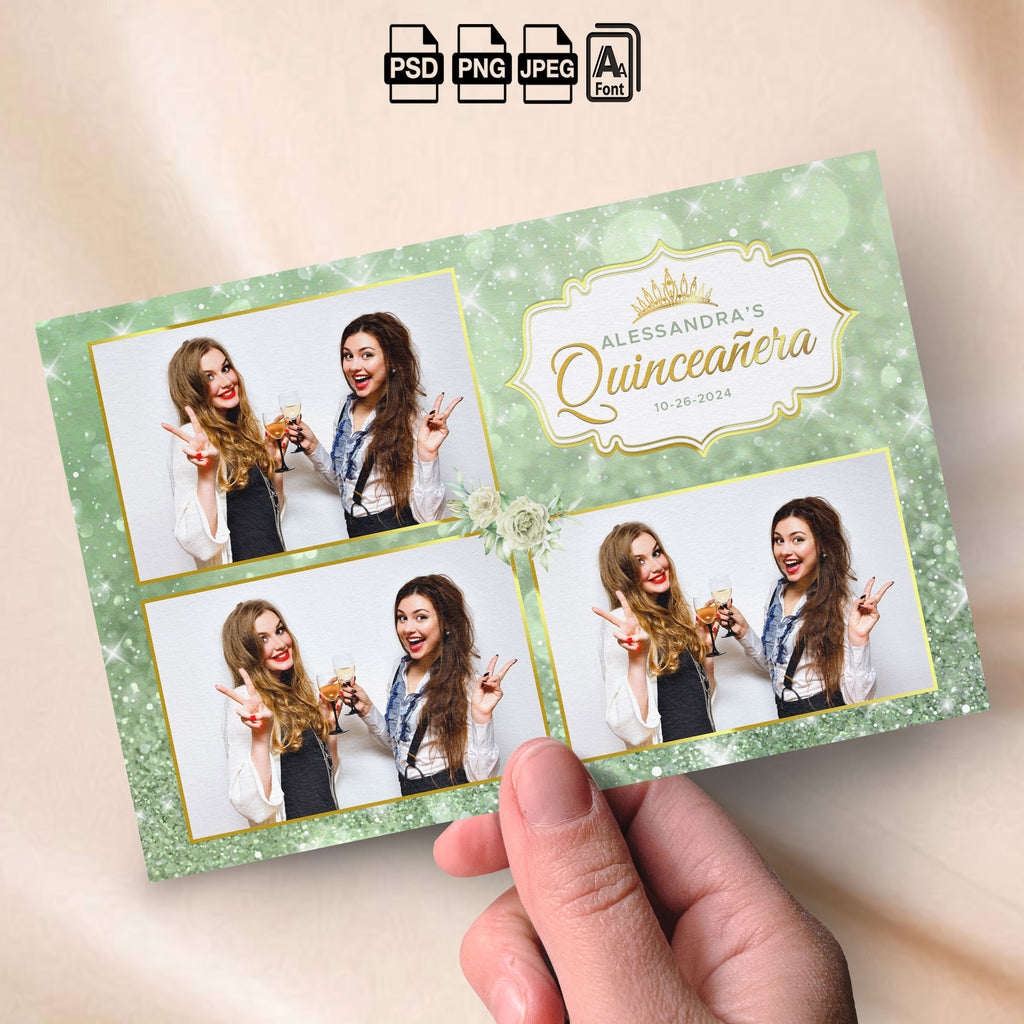 Quinceañera Photo Booth Template | Sage Green Glitter & Gold Crown Design | Editable Quinceanera 3-Photo Strip | Instant Download Photoshop Template