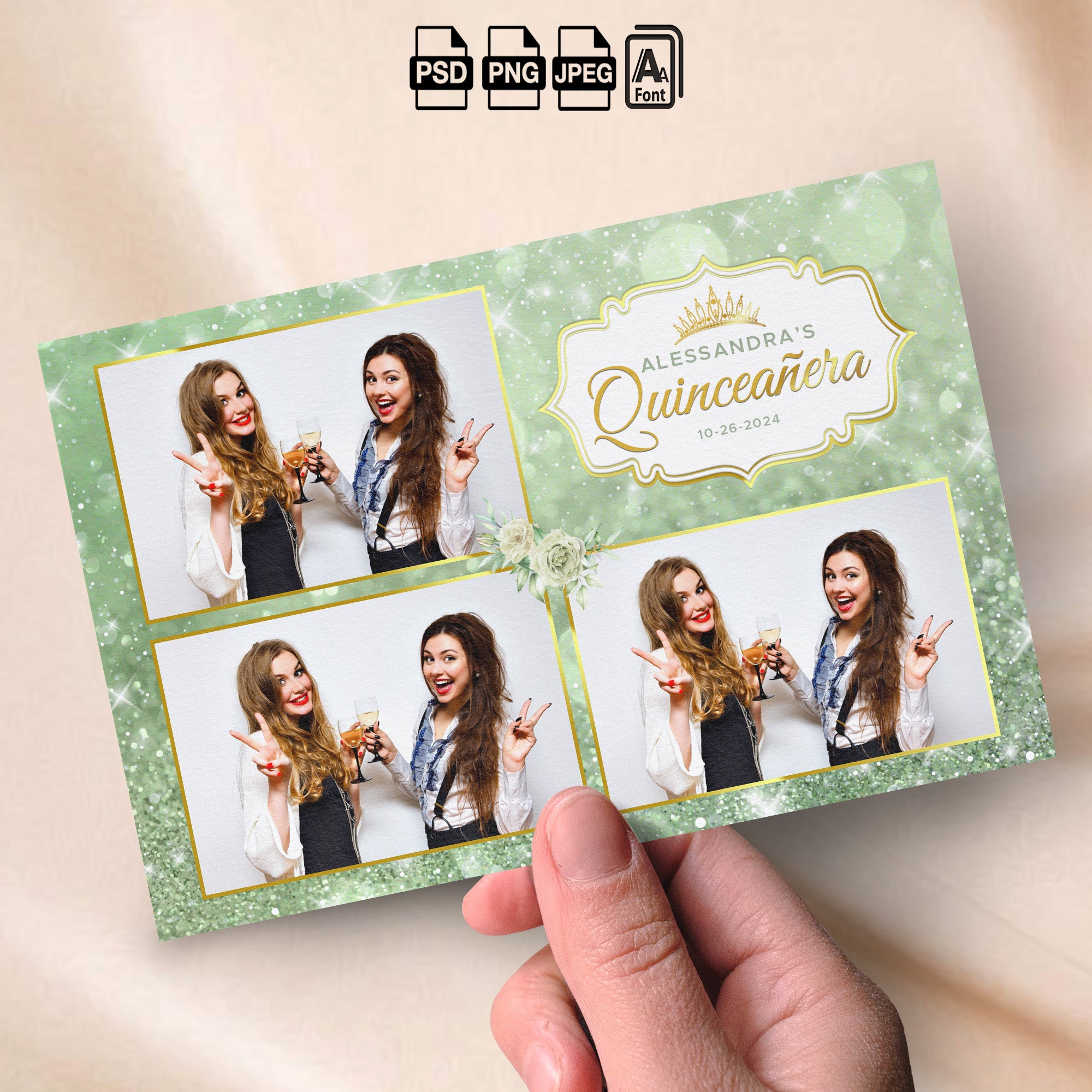 Quinceañera Photo Booth Template | Sage Green Glitter & Gold Crown Design | Editable Quinceanera 3-Photo Strip | Instant Download Photoshop Template