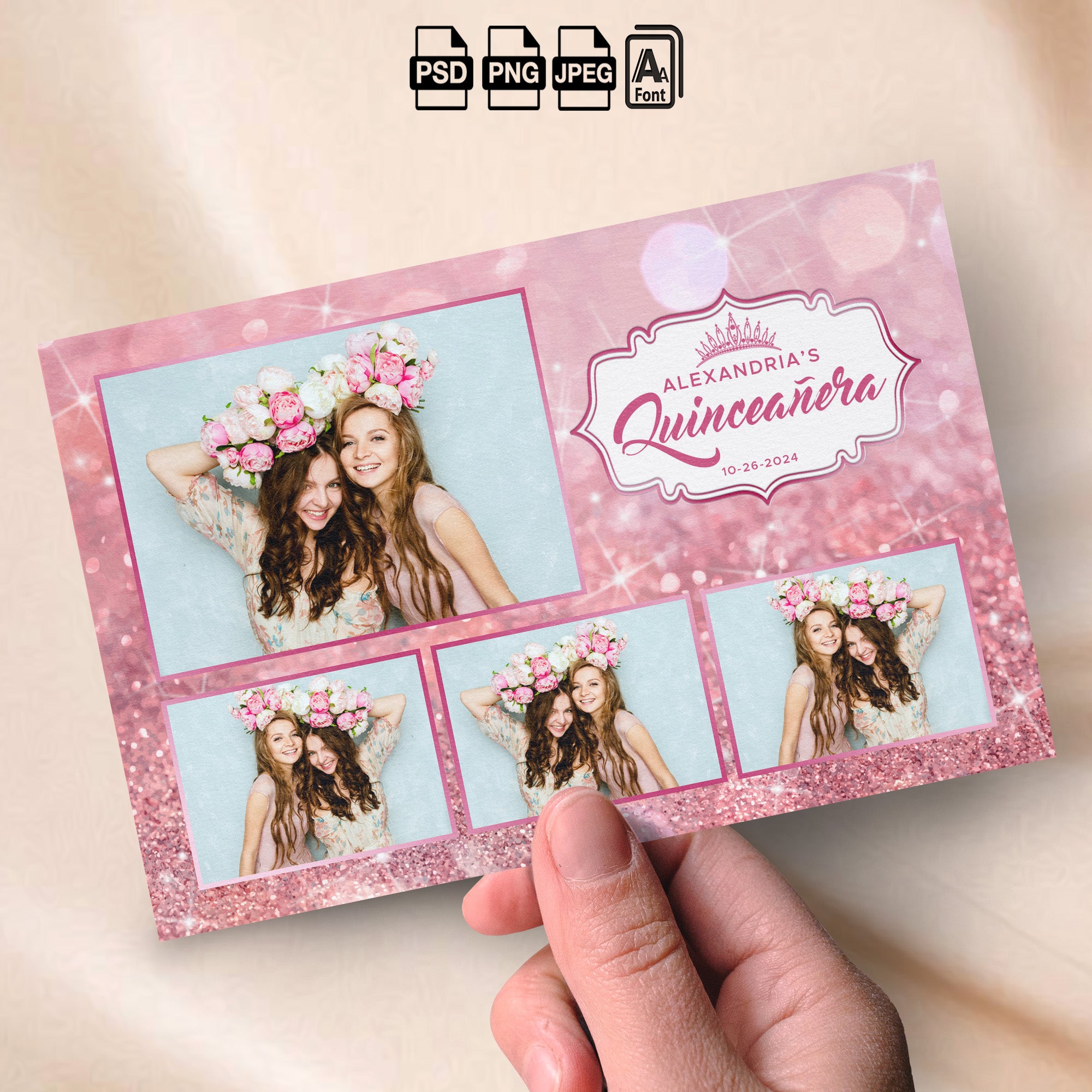 Pink & Rose Gold Quinceañera Photo Booth Collage Template | 4-Photo Layout | Pink Glitter with Floral Crown Badge, Editable Photoshop Template, Instant Download