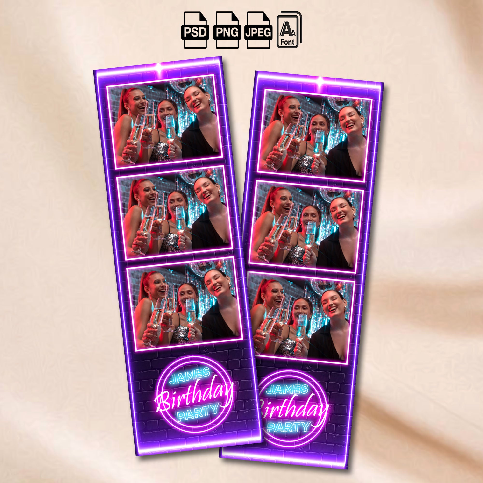 Neon Birthday Photo Booth Template | 3-Photo Strip Layout | Editable Photoshop Template, Instant Download