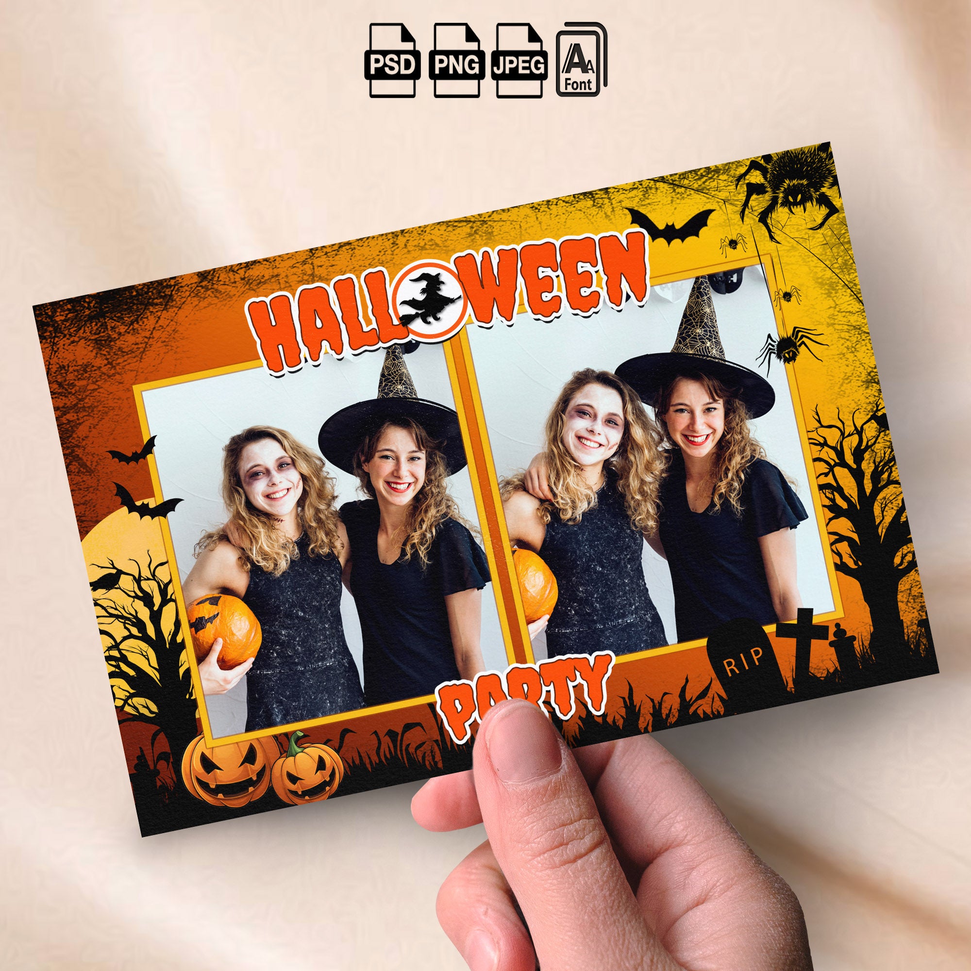 Halloween Party Photo Booth Template | 2-Photo Collage Layout | Editable 4x6 Photobooth Template, Instant Download