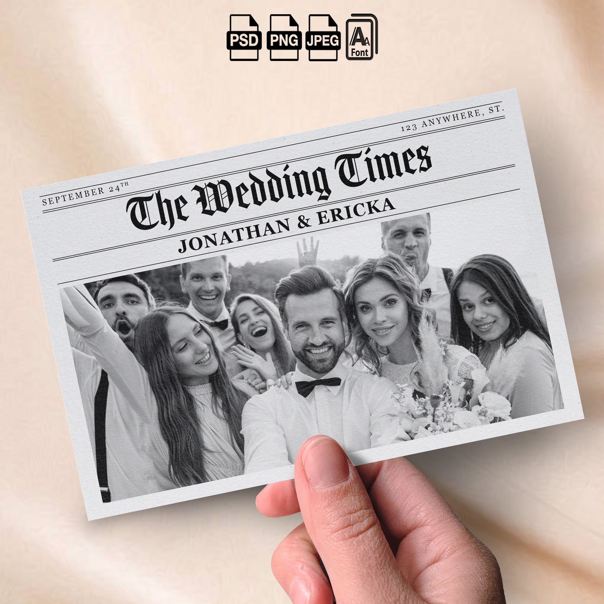 Newspaper Wedding Photo Booth Template | "The Wedding Times" 4x6 Single Photo Landscape Layout | Editable Photoshop Template, Instant Download