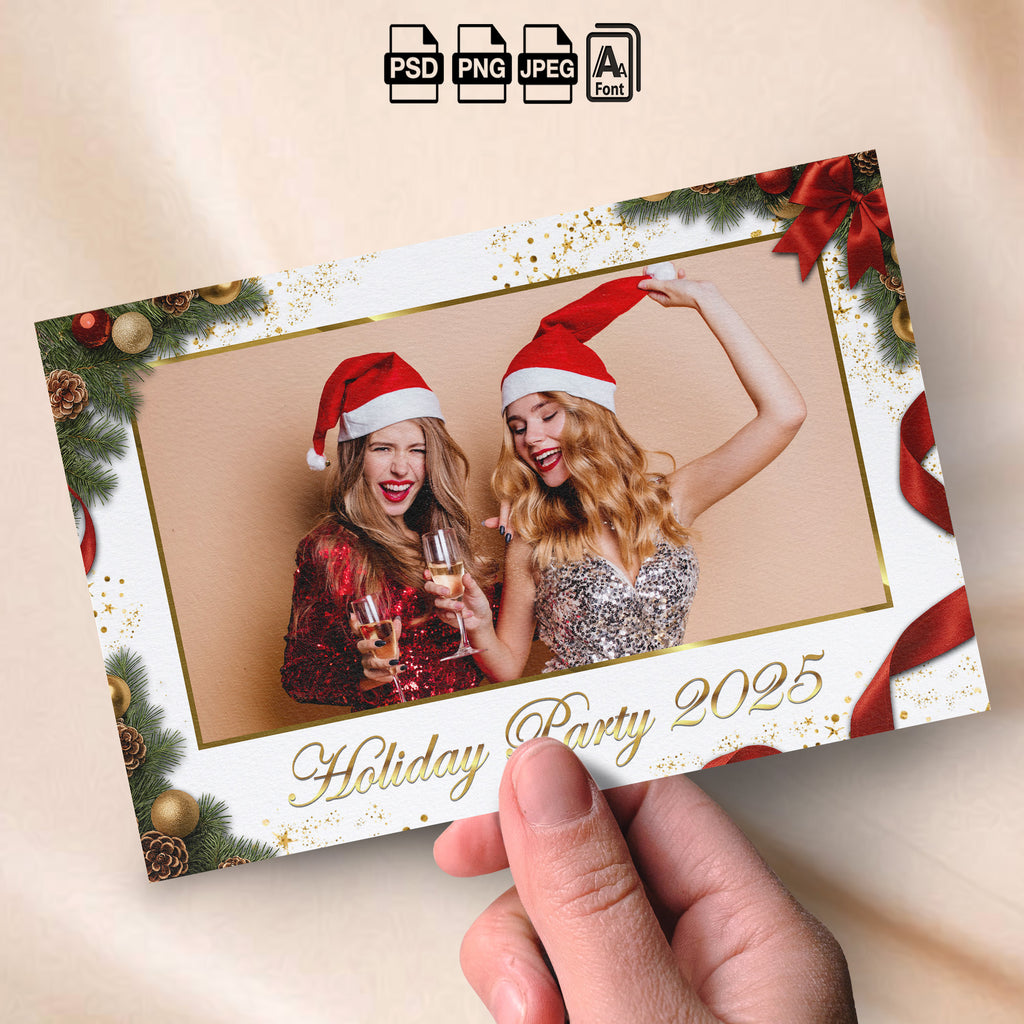 Christmas Holiday Party Photo Booth Template Bundle | White &amp; Gold Design with Garland, Pinecones &amp; Red Bows | Multiple Layouts, Editable Photobooth Templates, Instant Download
