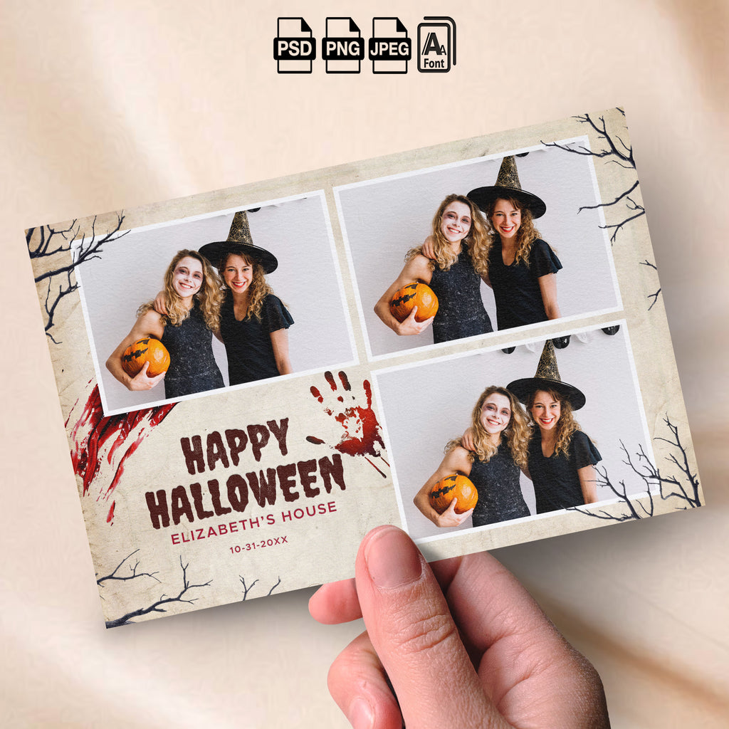 Vintage Parchment Halloween Photo Booth Template Bundle | Bloody Handprints & Bare Tree Silhouette Design | All 4 Layouts, Editable Photoshop Templates, Instant Download
