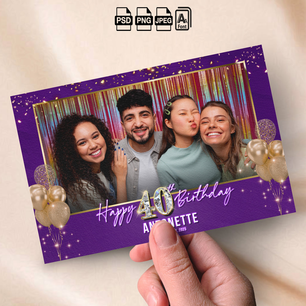 Purple & Gold Birthday Photo Booth Template | Landscape Layout | Glitter & Gold Balloon Design, Editable Photoshop Template, Instant Download