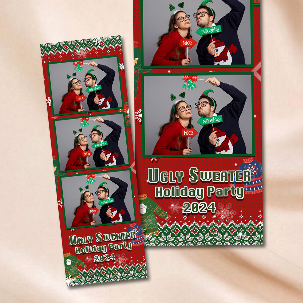 Ugly Sweater Holiday Party Photo Booth Template Bundle | Red Knit Sweater Design | Multiple Layouts, Editable Photobooth Templates, Instant Download