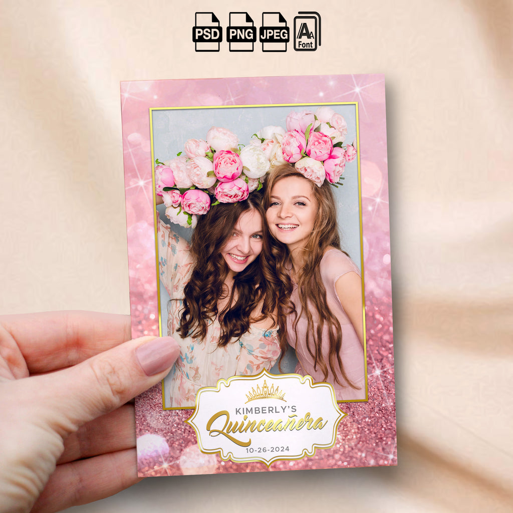 Pink & Rose Gold Quinceañera Photo Booth Template Bundle | Pink Glitter with Floral Crown Badge | All 5 Layouts, Editable Photoshop Templates, Instant Download