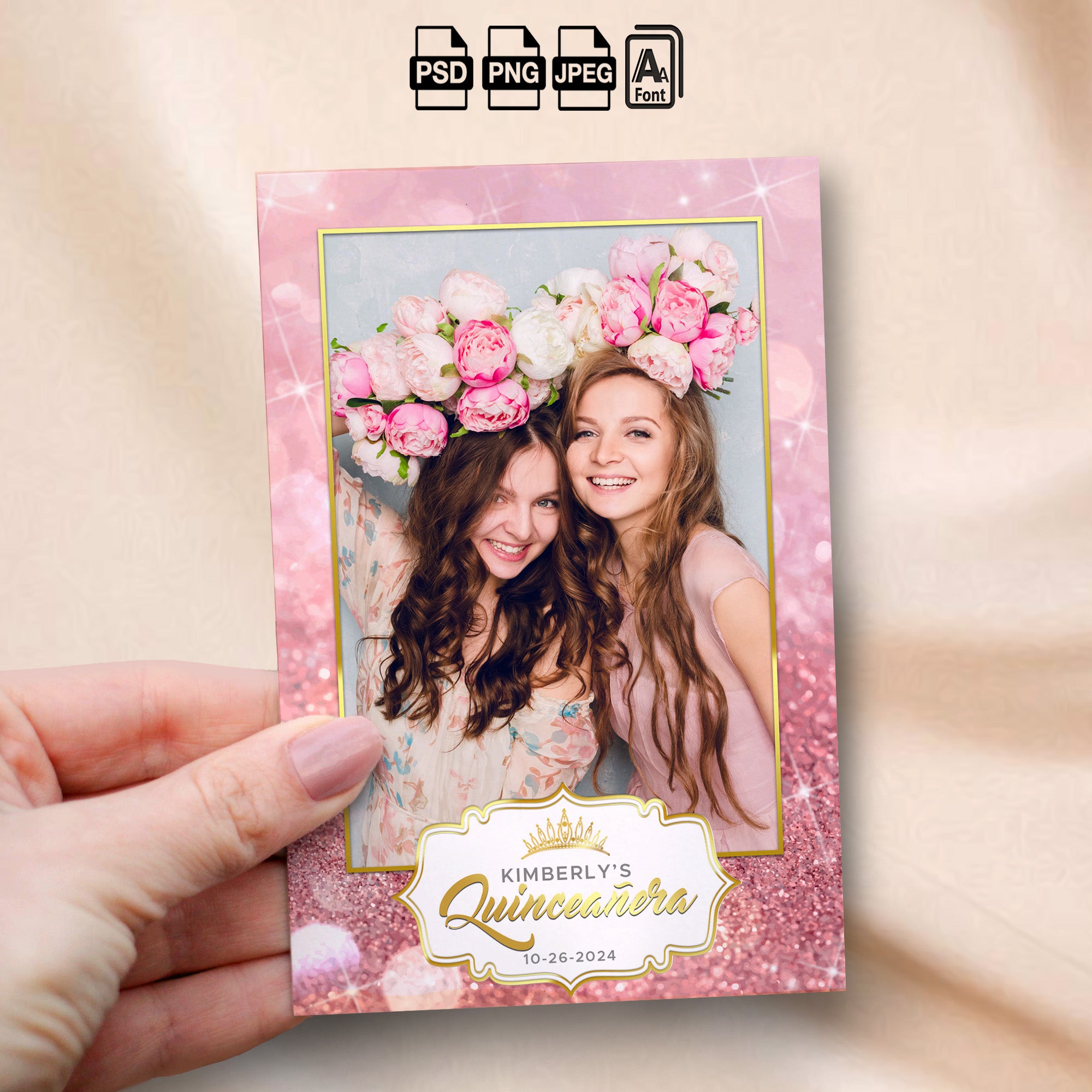 Pink & Rose Gold Quinceañera Photo Booth Template Bundle | Pink Glitter with Floral Crown Badge | All 5 Layouts, Editable Photoshop Templates, Instant Download