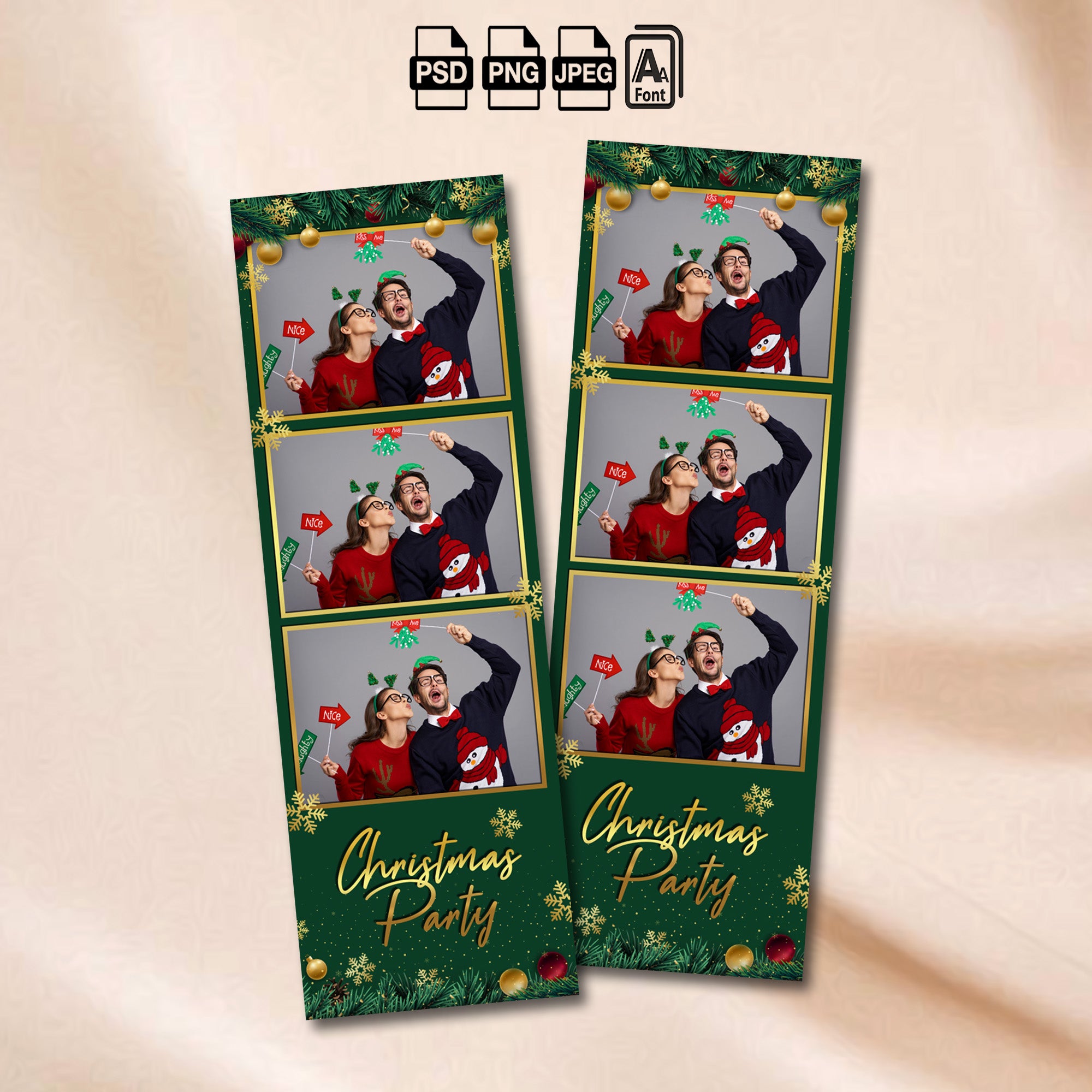 Christmas Party Photo Booth Template Bundle | Green & Gold Design with Ornaments &amp; Snowflakes | Multiple Layouts, Editable Photobooth Templates, Instant Download