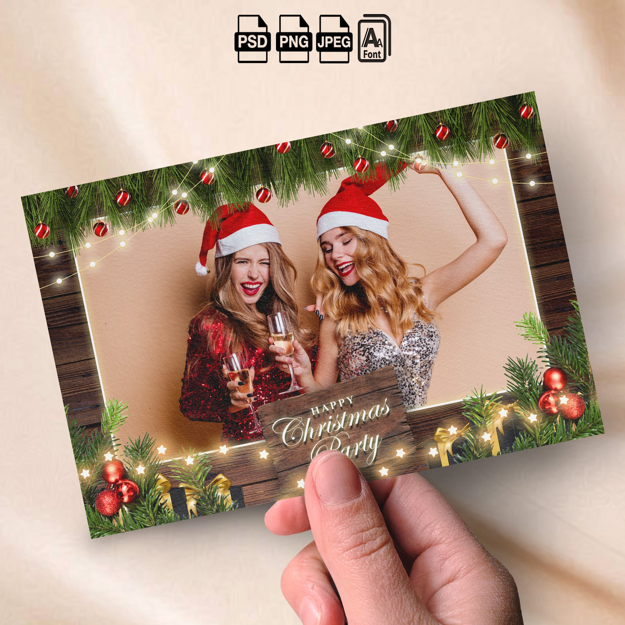 Rustic Christmas Party Photo Booth Template Bundle | Dark Wood Design with String Lights, Ornaments &amp; Gift Boxes | Multiple Layouts, Editable Photobooth Templates, Instant Download