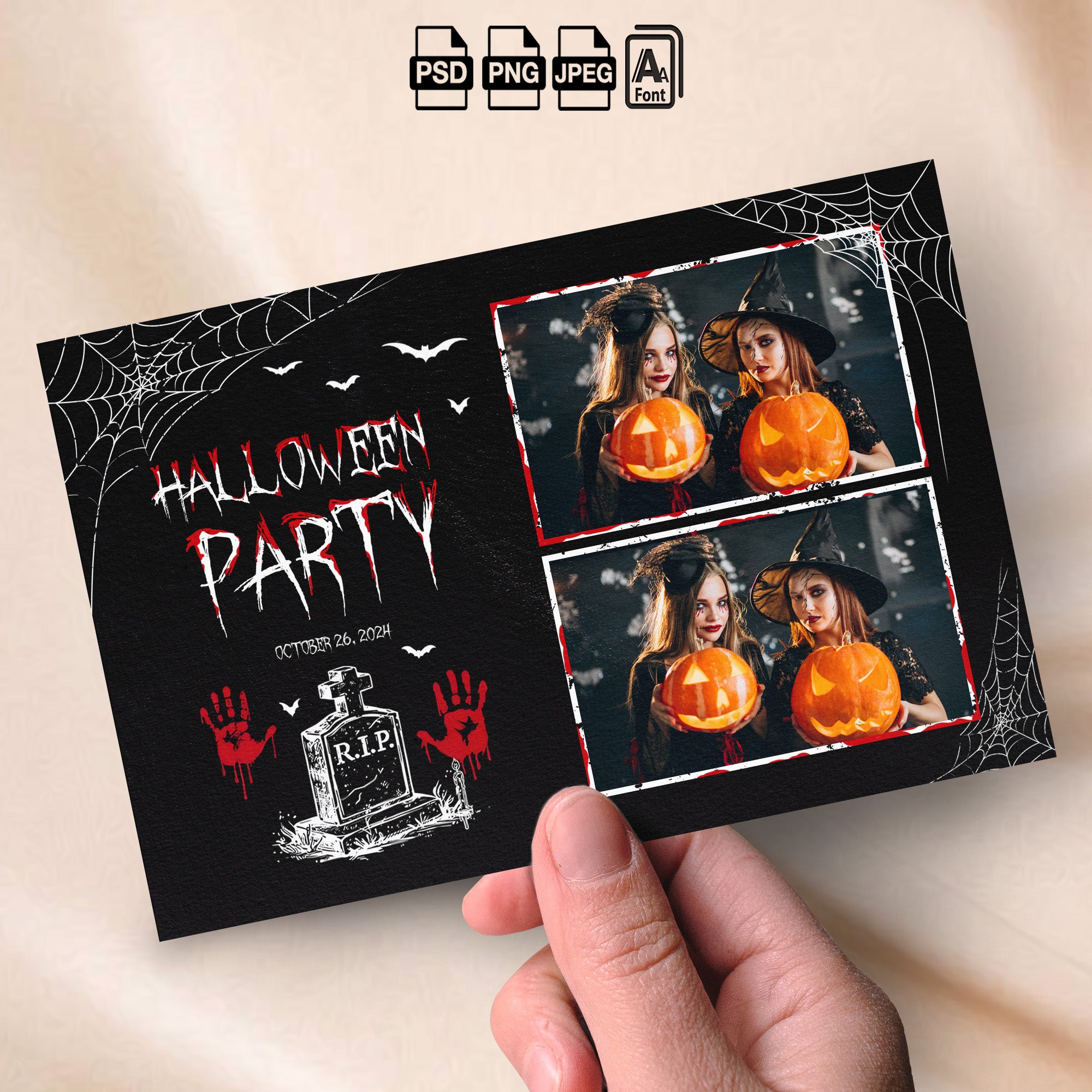 Halloween Party Photo Booth Template Bundle | Spooky Gothic Design with Bloody Handprints | Multiple Layouts, Editable Photobooth Templates, Instant Download