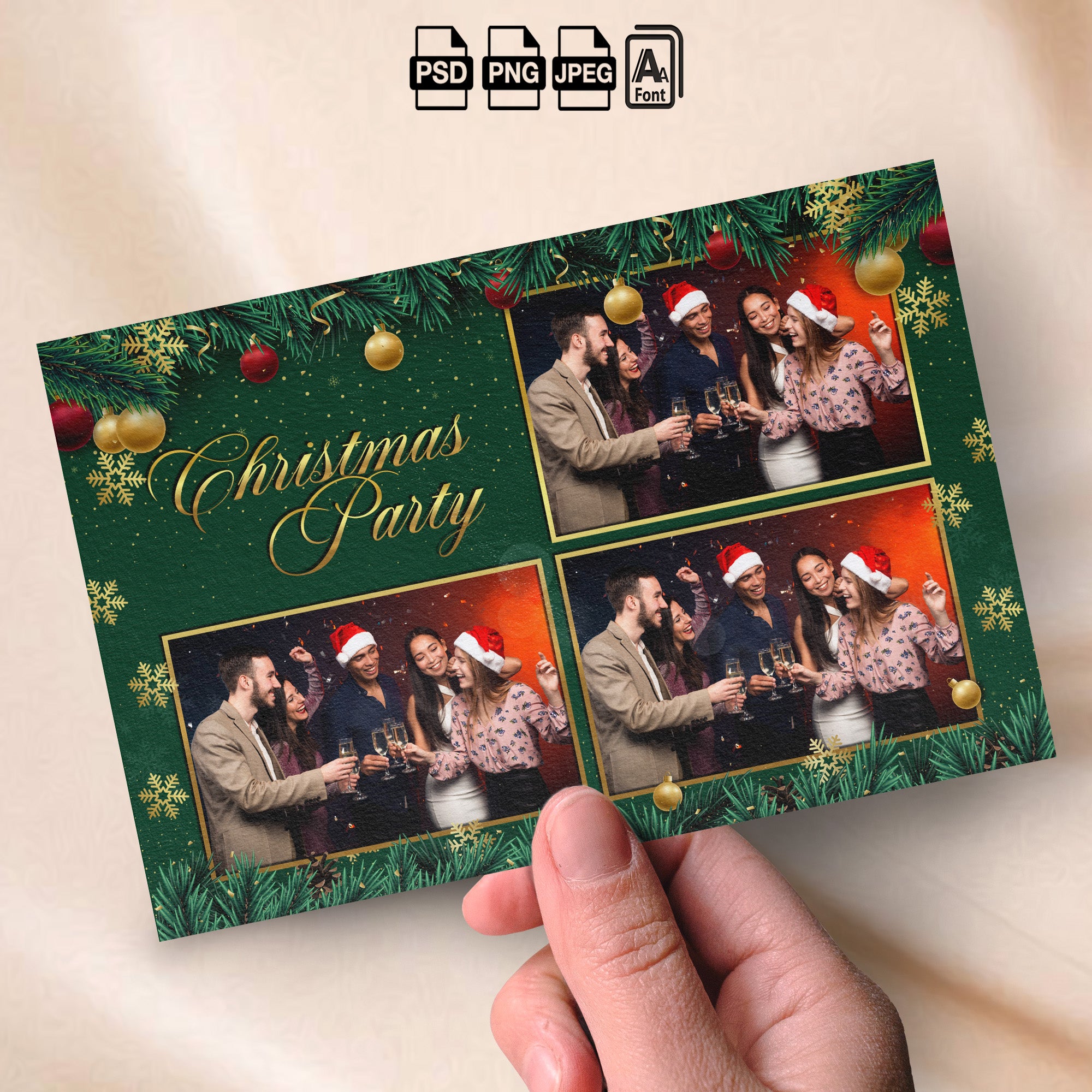 Christmas Party Photo Booth Template Bundle | Green & Gold Design with Ornaments &amp; Snowflakes | Multiple Layouts, Editable Photobooth Templates, Instant Download