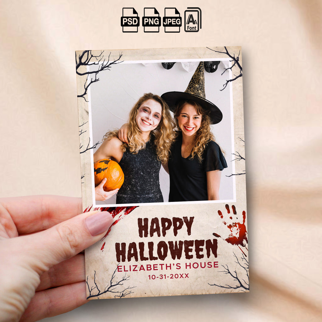 Vintage Parchment Halloween Photo Booth Template Bundle | Bloody Handprints & Bare Tree Silhouette Design | All 4 Layouts, Editable Photoshop Templates, Instant Download