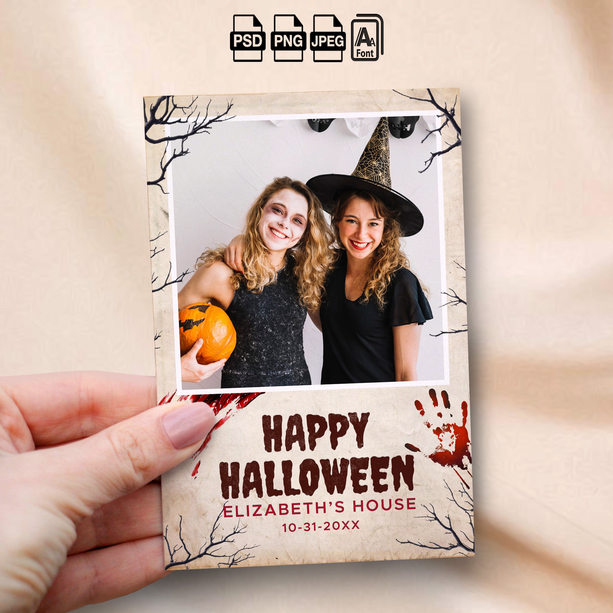 Vintage Parchment Halloween Photo Booth Template Bundle | Bloody Handprints & Bare Tree Silhouette Design | All 4 Layouts, Editable Photoshop Templates, Instant Download