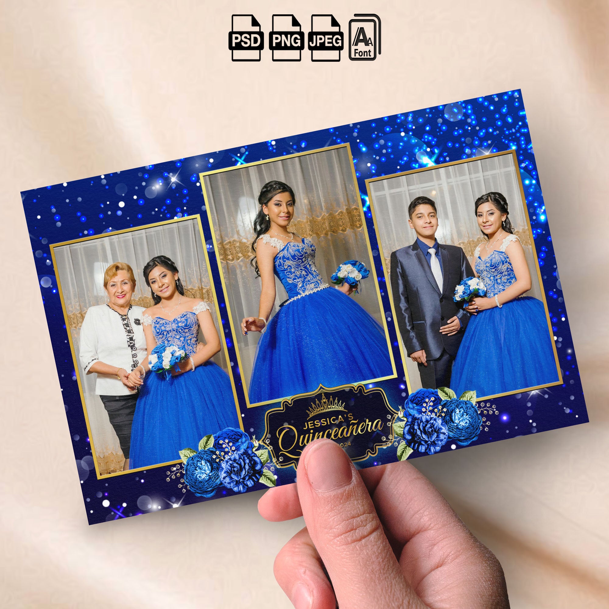 Royal Blue Quinceañera Photo Booth Collage Template | 3-Photo Portrait Layout | Royal Blue Sparkle with Gold Crown Badge, Editable Photoshop Template, Instant Download